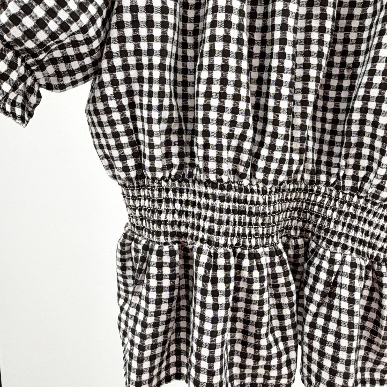 Buffalo David Bitton Black White Gingham Smocked Off-Shoulder Top Size S / US 4 / IT 40 - 4 Thumbnail