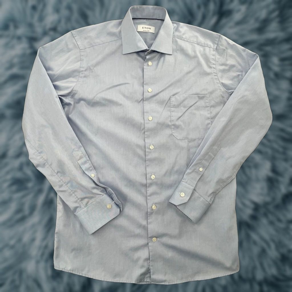 Eton VINTAGE Etón Dress Shirt Adult Medium Long Sleeve Cotton Blue Solid Business Formal Wedding Mens Size US M / EU 48-50 / 2 - 1 Thumbnail