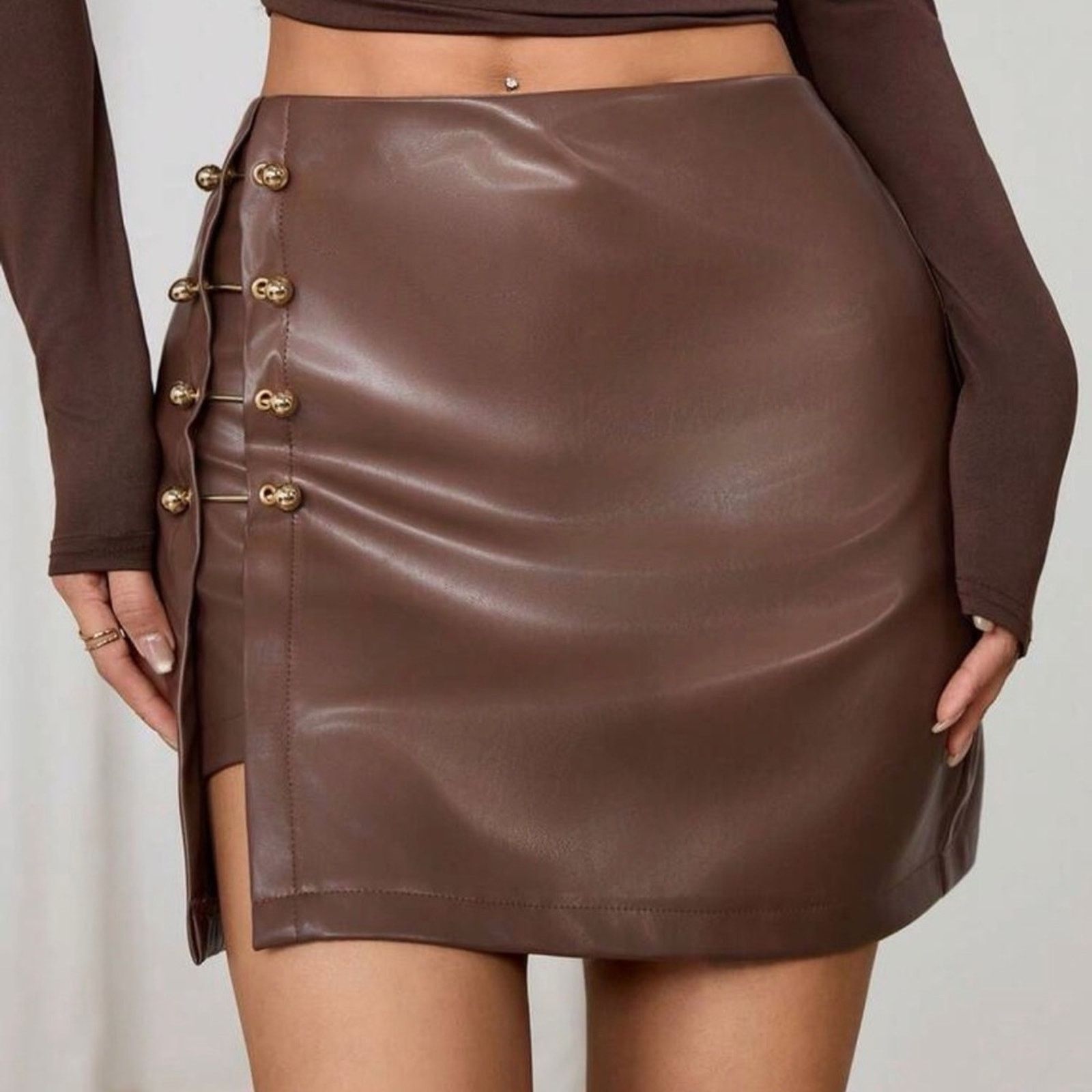 Other New Y2K Brown Faux Leather Mini Skirt size S Size 27" / US 4 / IT 40 - 4 Thumbnail