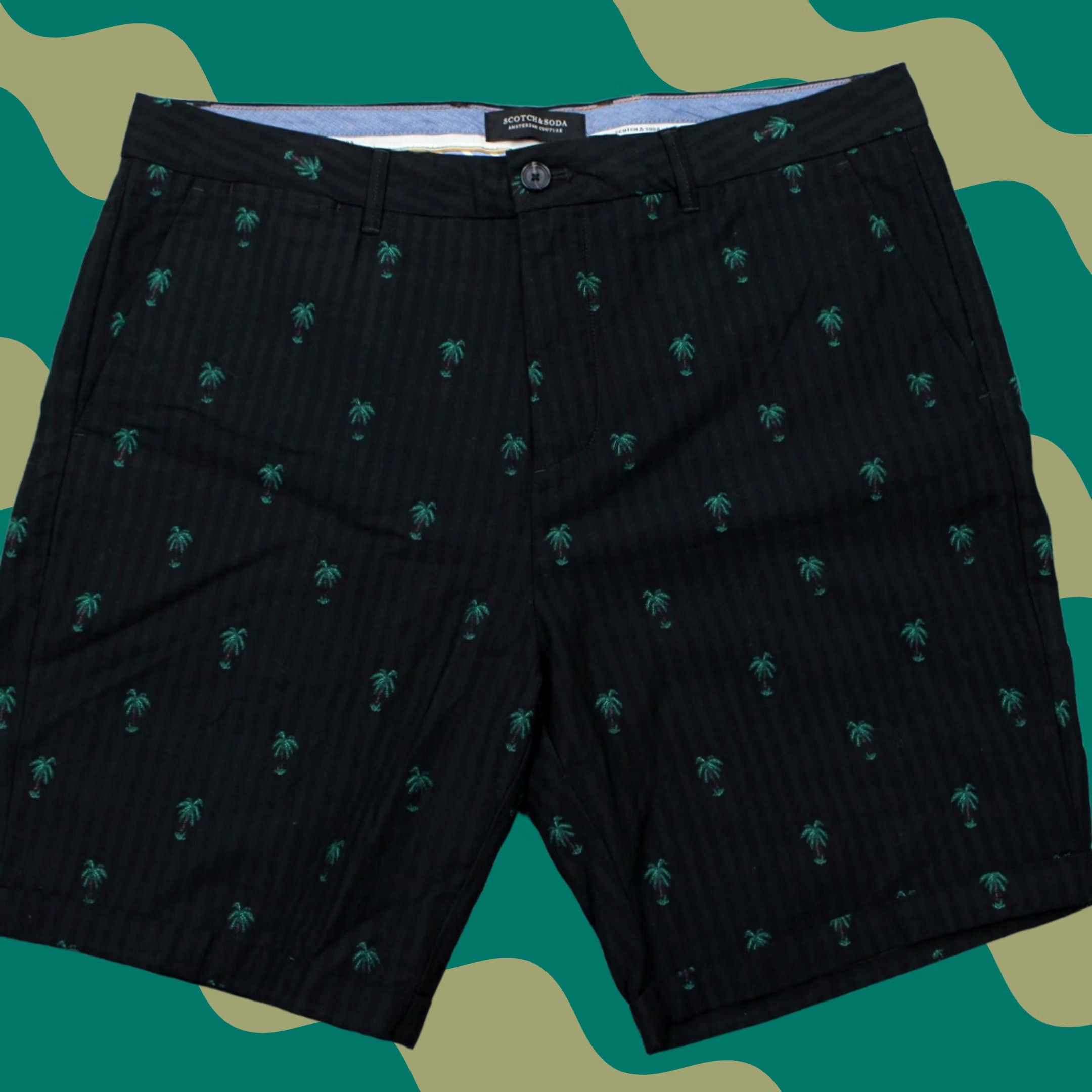Scotch & Soda Scotch & Soda Chino Shorts Mens 36 Black/Green Island Getaway 9" inseam Size US 36 / EU 52 - 1 Thumbnail