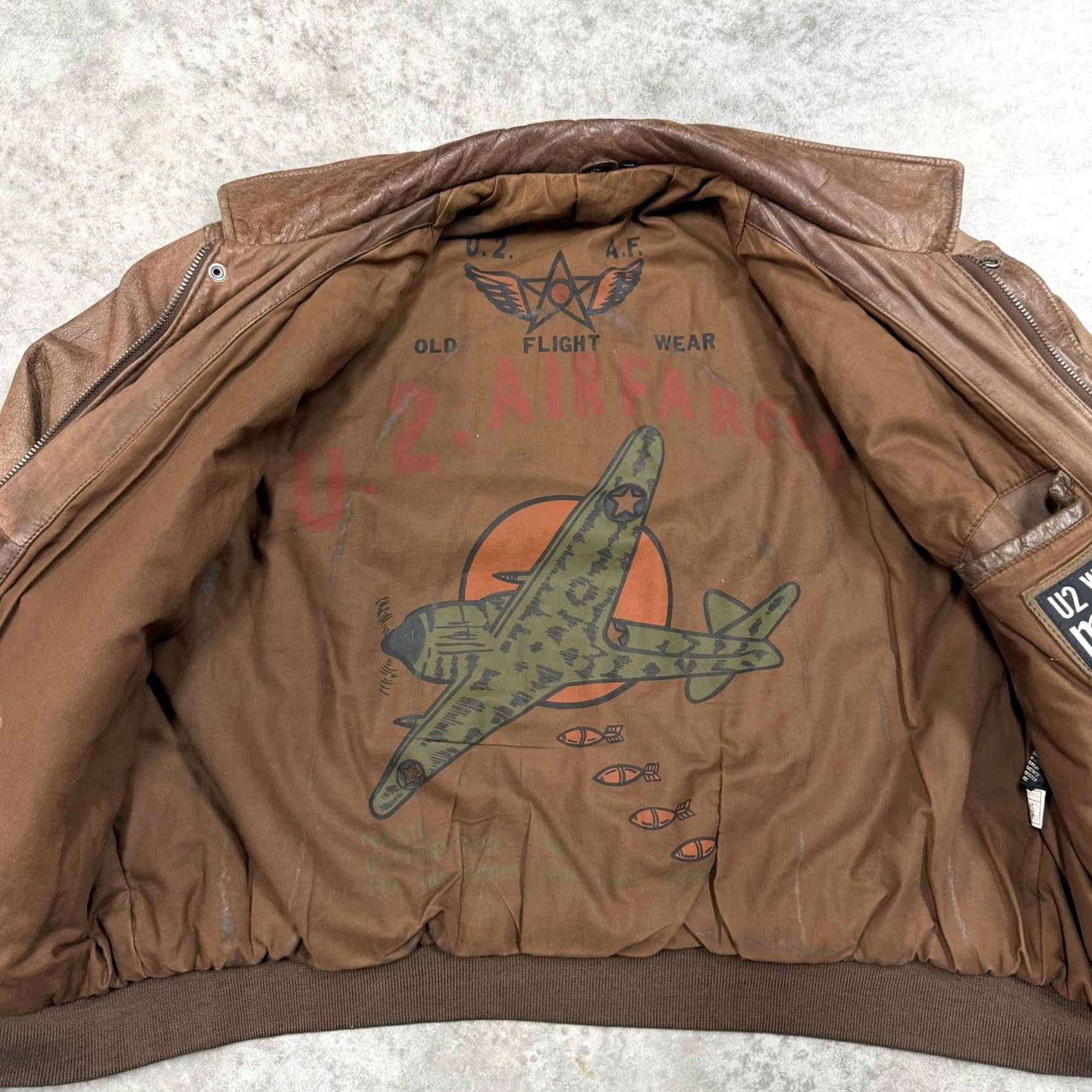 Vintage U2 Wear Me Out Jacket Mens Big 1X Brown Leather Bomber Flight Lined Air Force Military Style Zip Pockets Size US XL / EU 56 / 4 - 3 Thumbnail