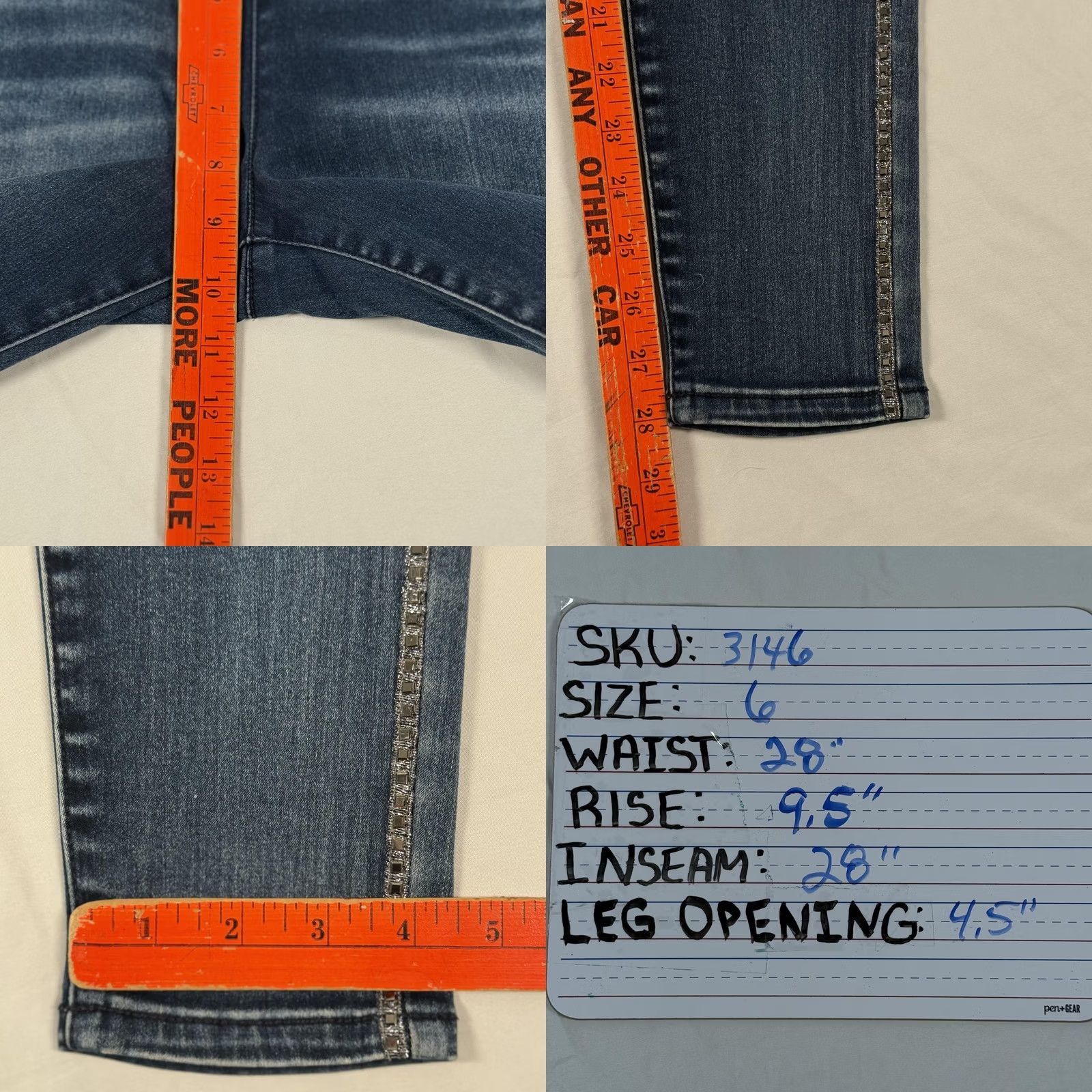 Denime Jennifer Lopez Skinny Denim Jeans 6 Blue Dark Wash Pull On Side Stripe Rhinestone Elastic Waist Womens Jeans Slim Jegging Size 28" / US 6 / IT 42 - 8 Thumbnail