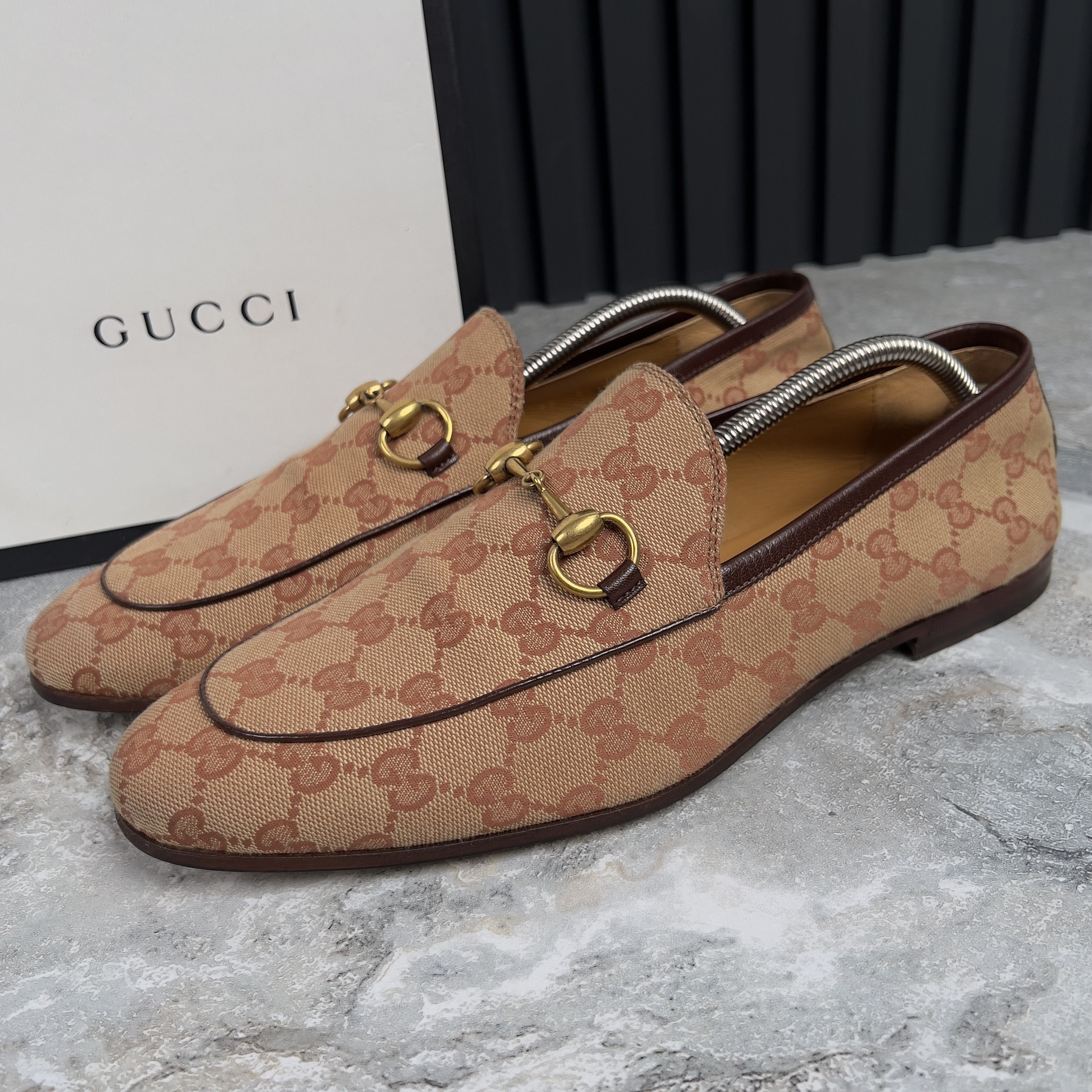 RRP$1050 Gucci Jordaan Horsebit Loafers GG Monogram Canvas