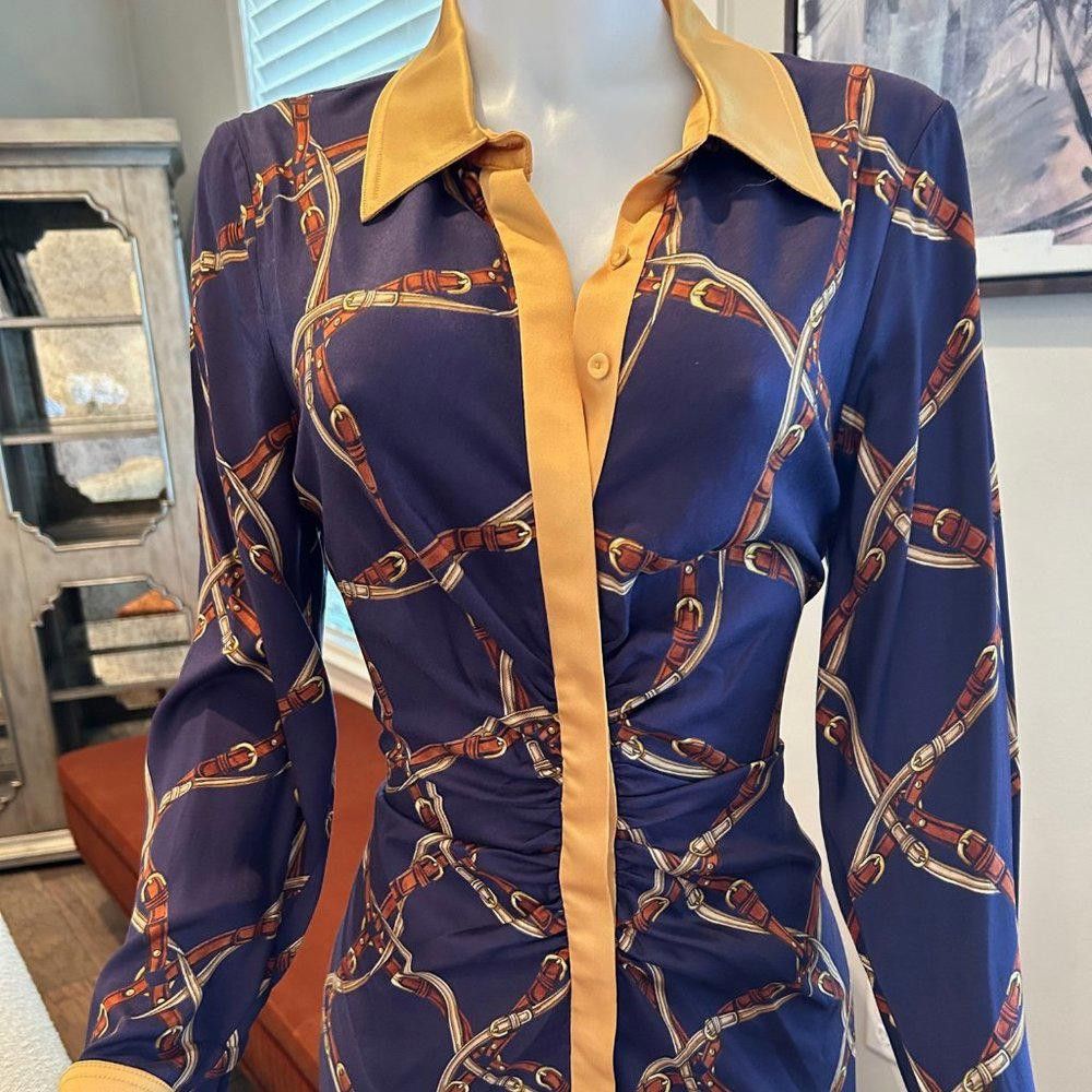 Designer Jonathan Simkhai Saddle-Print Ruched Long-Sleeve Shirtdress Size L / US 10 / IT 46 - 2 Thumbnail