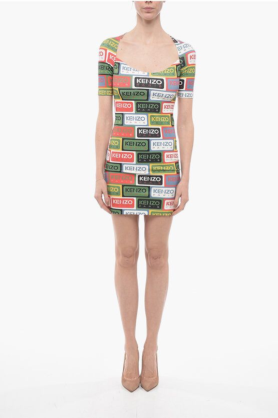 Image of Kenzo Bodycon Label Mini Dress With Allover Print, Women's (Size Small)