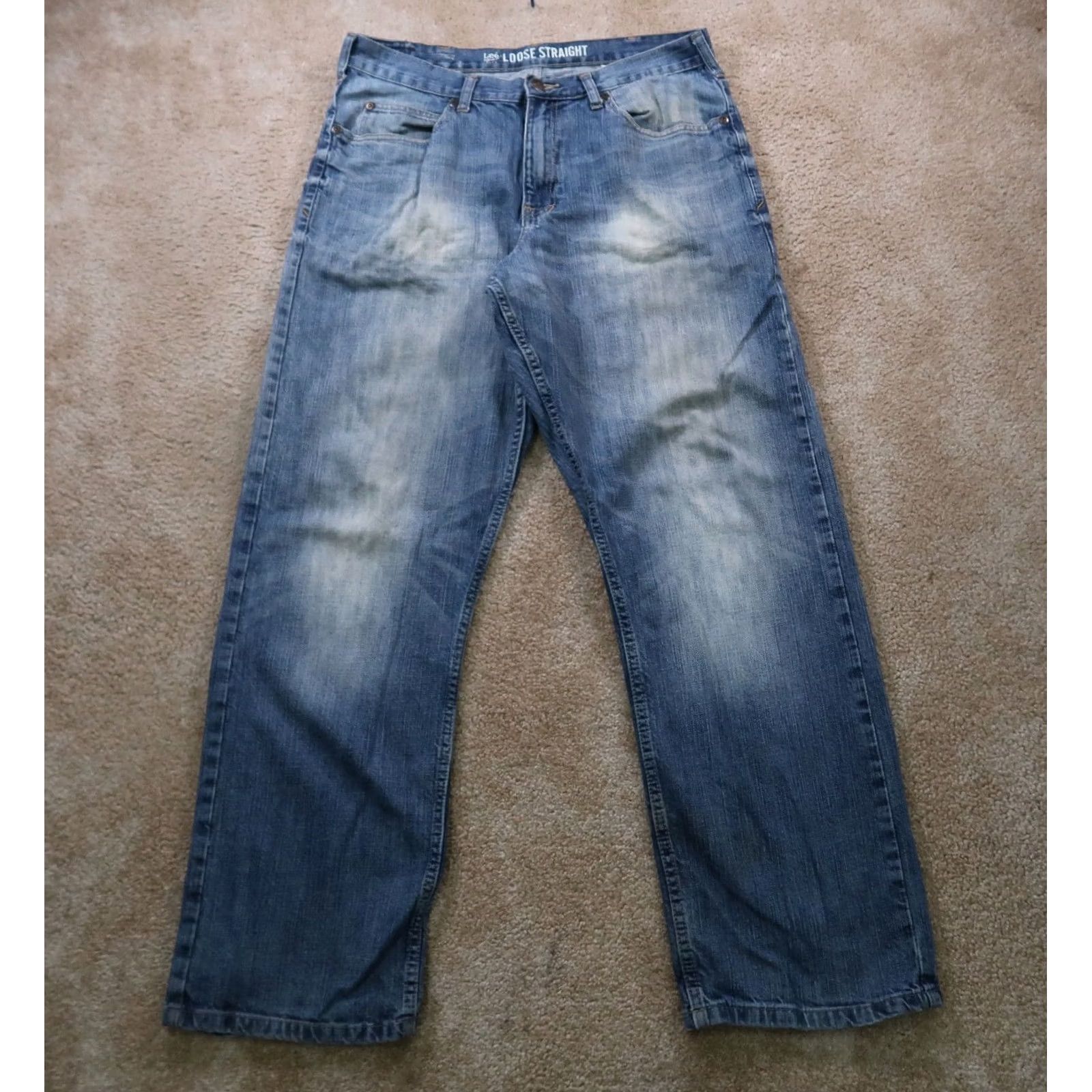 Lee Lee Loose Straight Jeans Men's 34x32 Distressed Blue Denim 5-Pocket Zipper Button Belt Loops Size US 34 / EU 50 - 2 Thumbnail