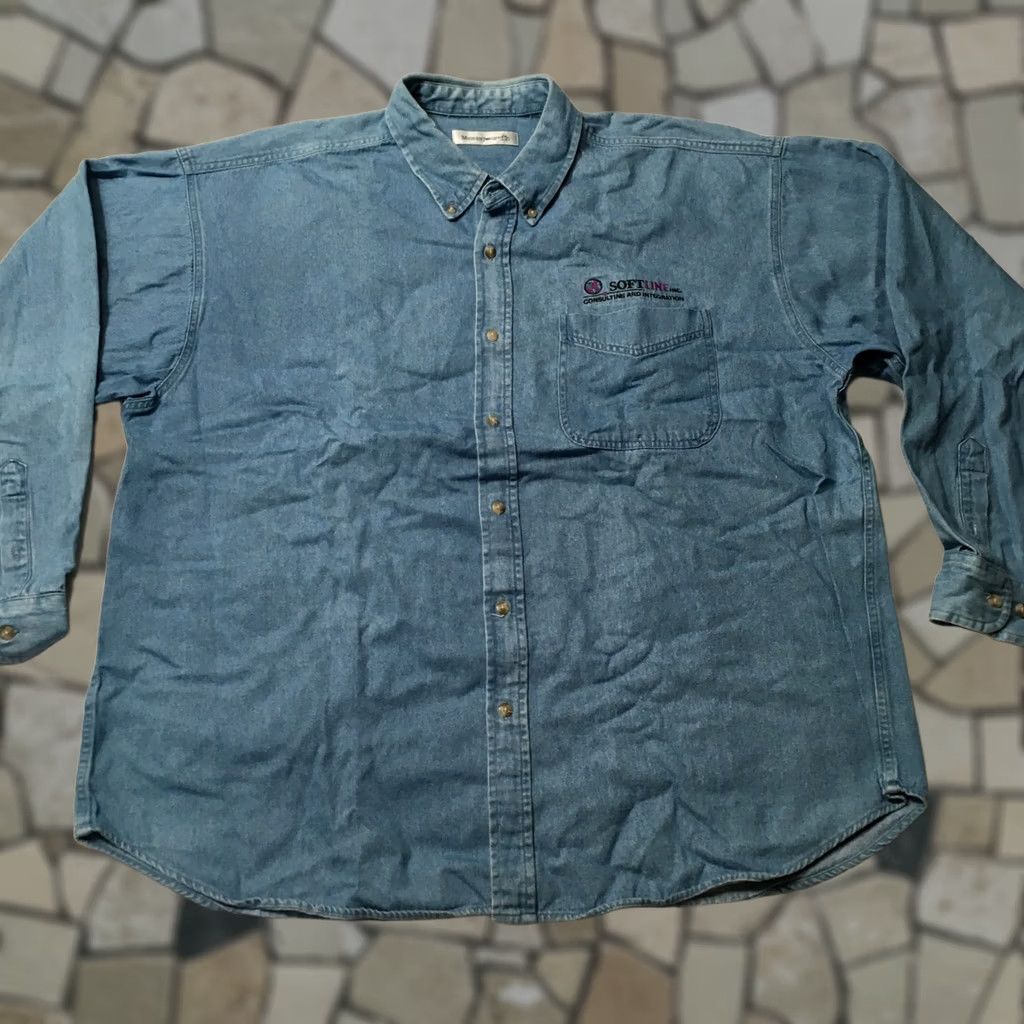Denime munsing Button Up Shirt 2XL Blue Denim Long Sleeve embroidered softline Mens Size US XXL / EU 58 / 5 - 1 Thumbnail