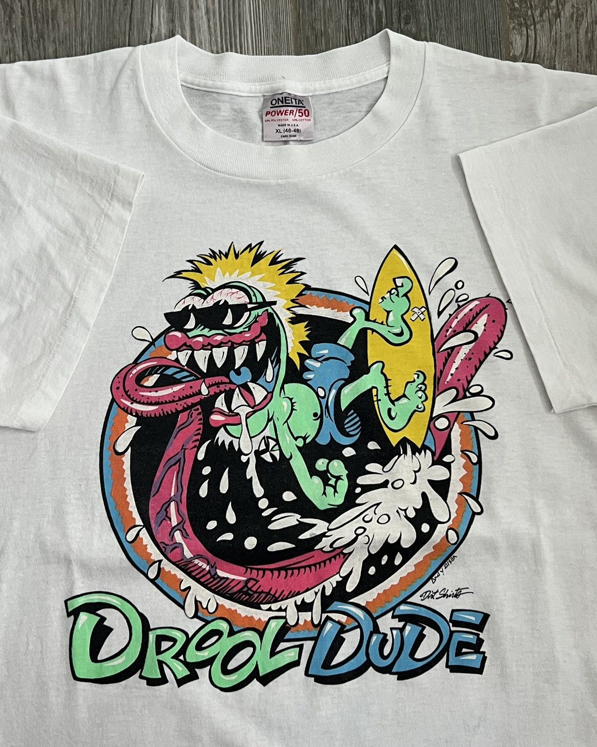 Image of 1994 Single Stitch Drool Dude Vintage White Graphic Art Tee, Men's (Size XL)