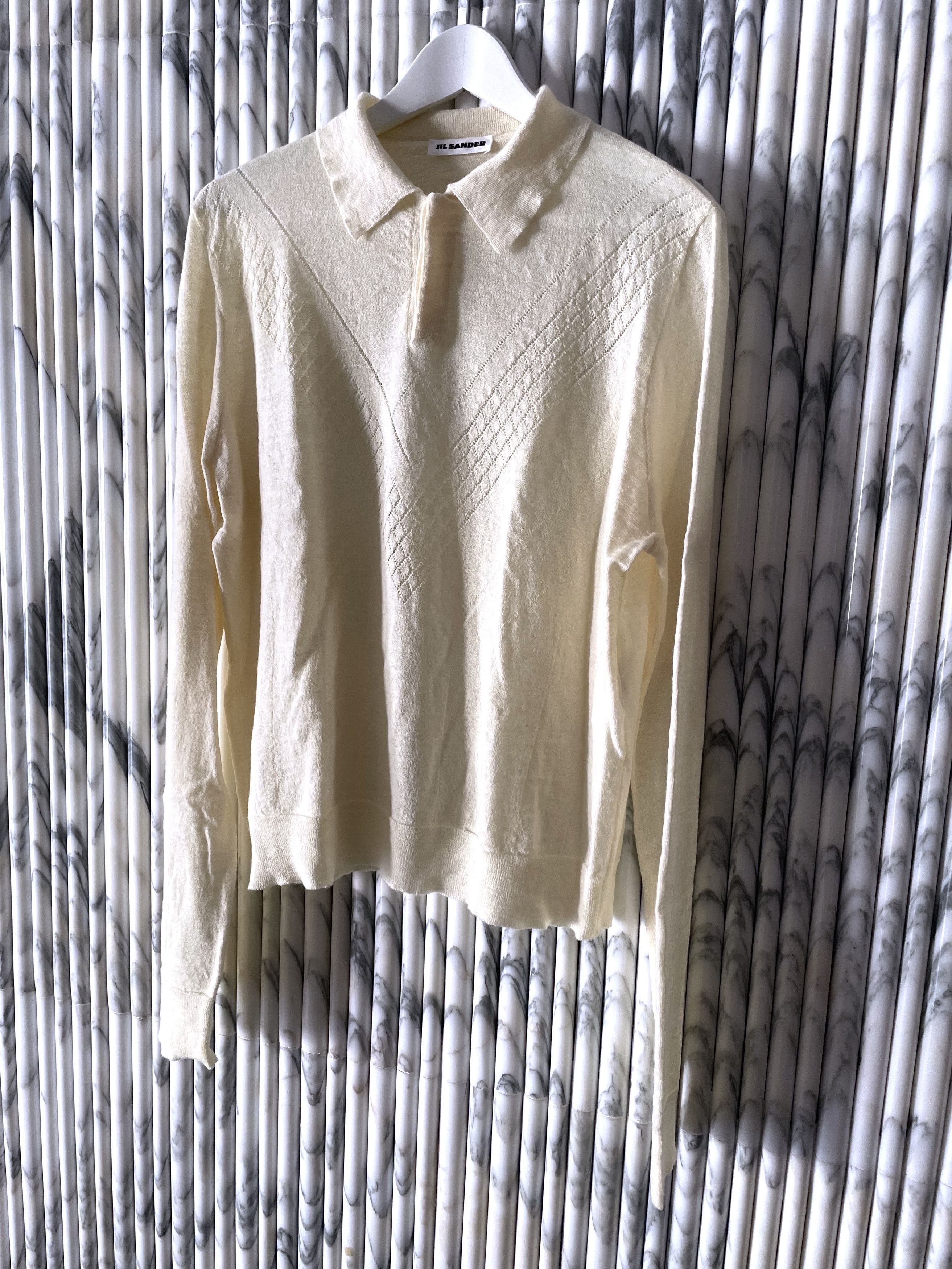 Jil Sander CHEVRON LADDER STITCHED OFF WHITE WOOL POLO SWEATER Size US M / EU 48-50 / 2 - 3 Thumbnail