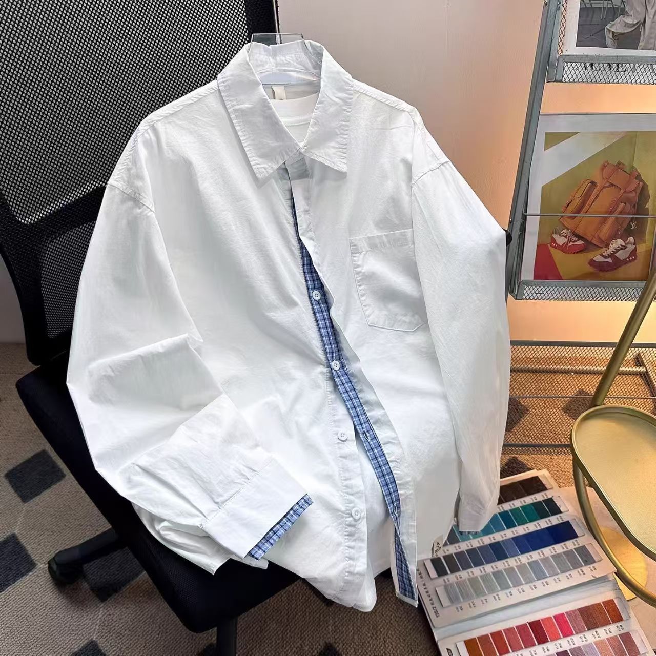 Vintage Plaid Trim Oversized White Shirt Size US M / EU 48-50 / 2 - 2 Thumbnail