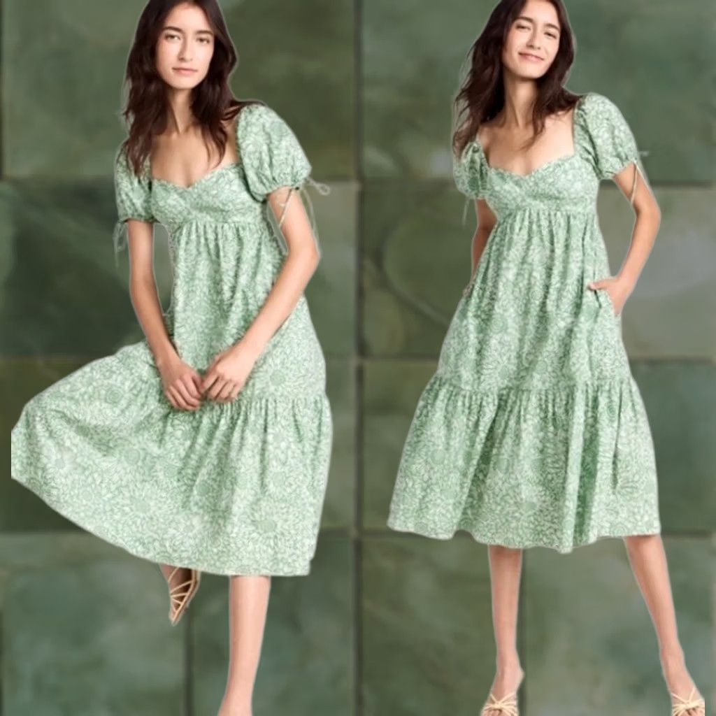 Amanda Uprichard Amanda Uprichard Dress L Meadow Green Sicily Floral Puff Sleeve Midi Fit & Flare Womens Size L / US 10 / IT 46 - 1 Thumbnail