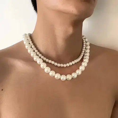 Chain x Jewelry Double Layered Big Pearl Necklace in White, Men's