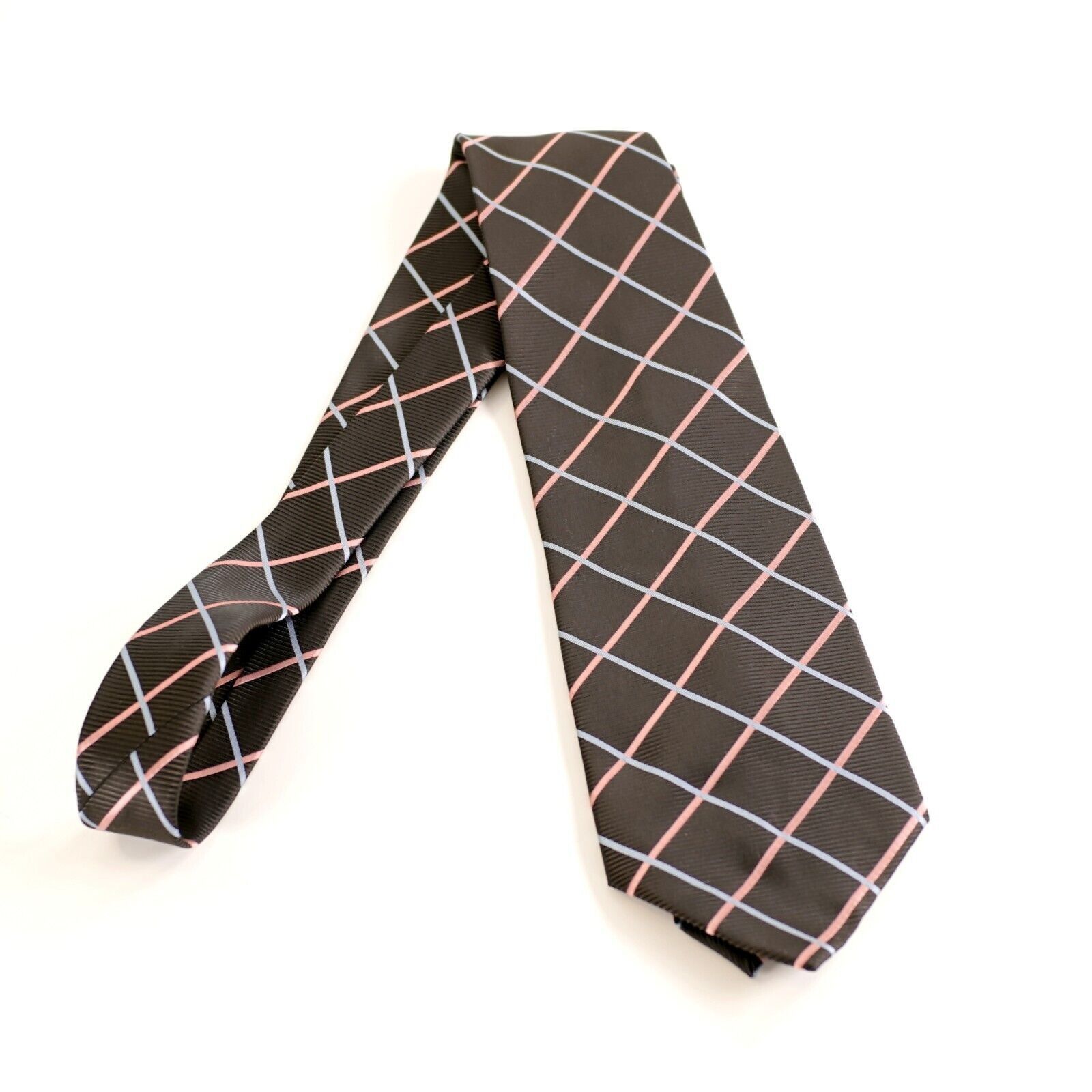 DKNY Dkny Brown W/ Pink Blue Plaid Woven Polyester Tie Size ONE SIZE - 6 Thumbnail