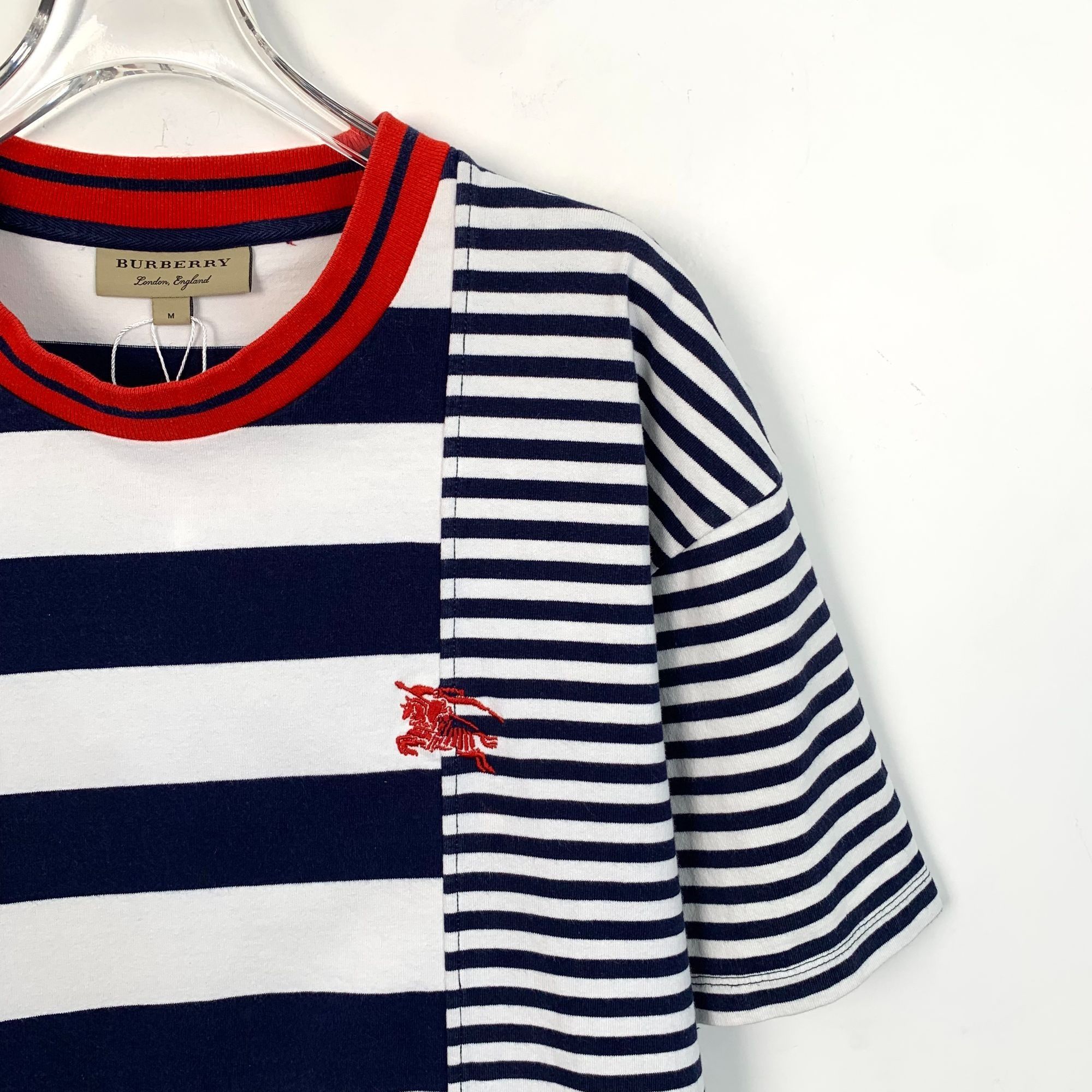 Burberry Burberry Striped Navy & White Cotton T-Shirt With Red Accent Size M / US 6-8 / IT 42-44 - 3 Thumbnail