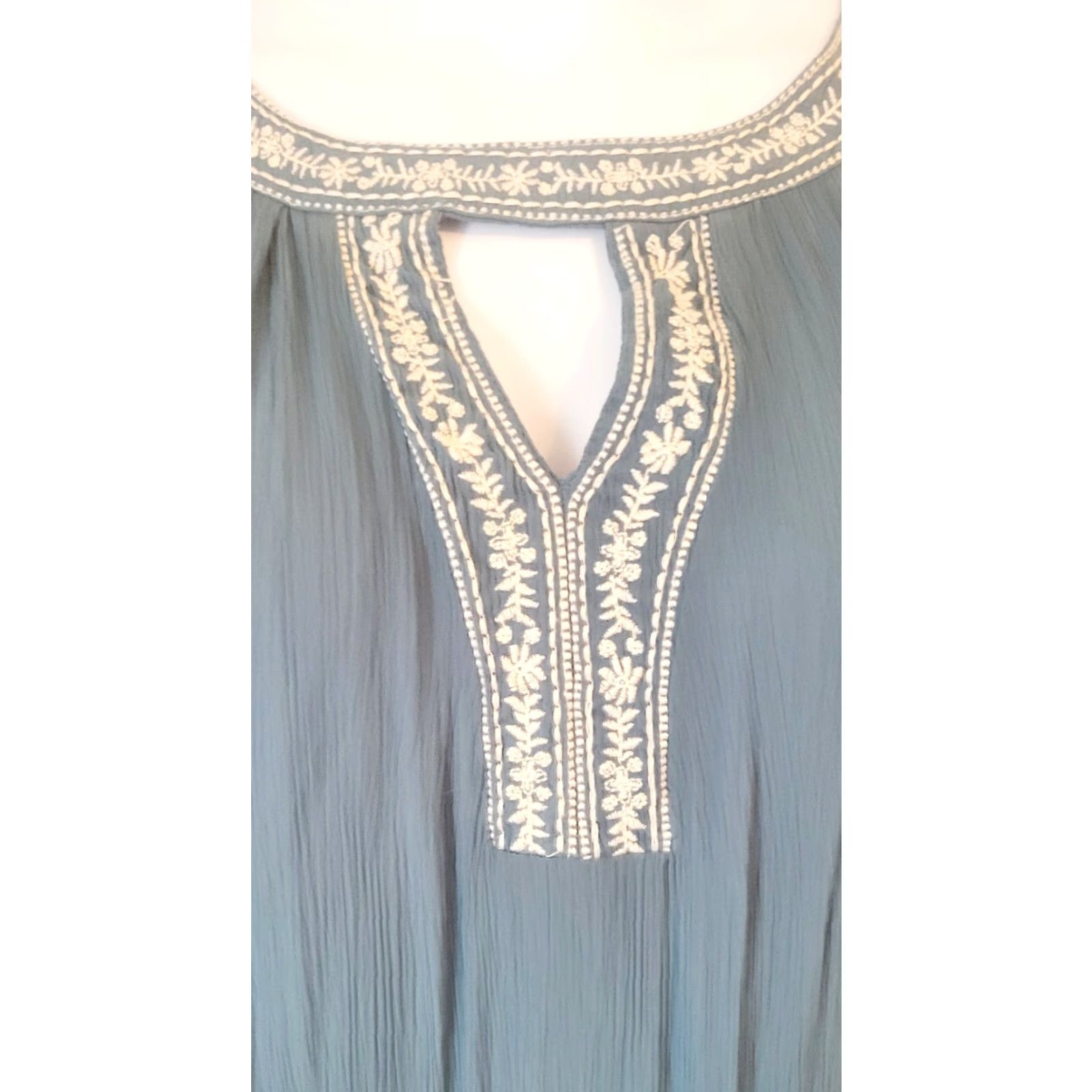 Vintage Time & Tru Dress Faded Teal Crinkle Cold Shoulder Embroidered Knee Length Boho L Women's Shirt? Size L / US 10 / IT 46 - 2 Thumbnail