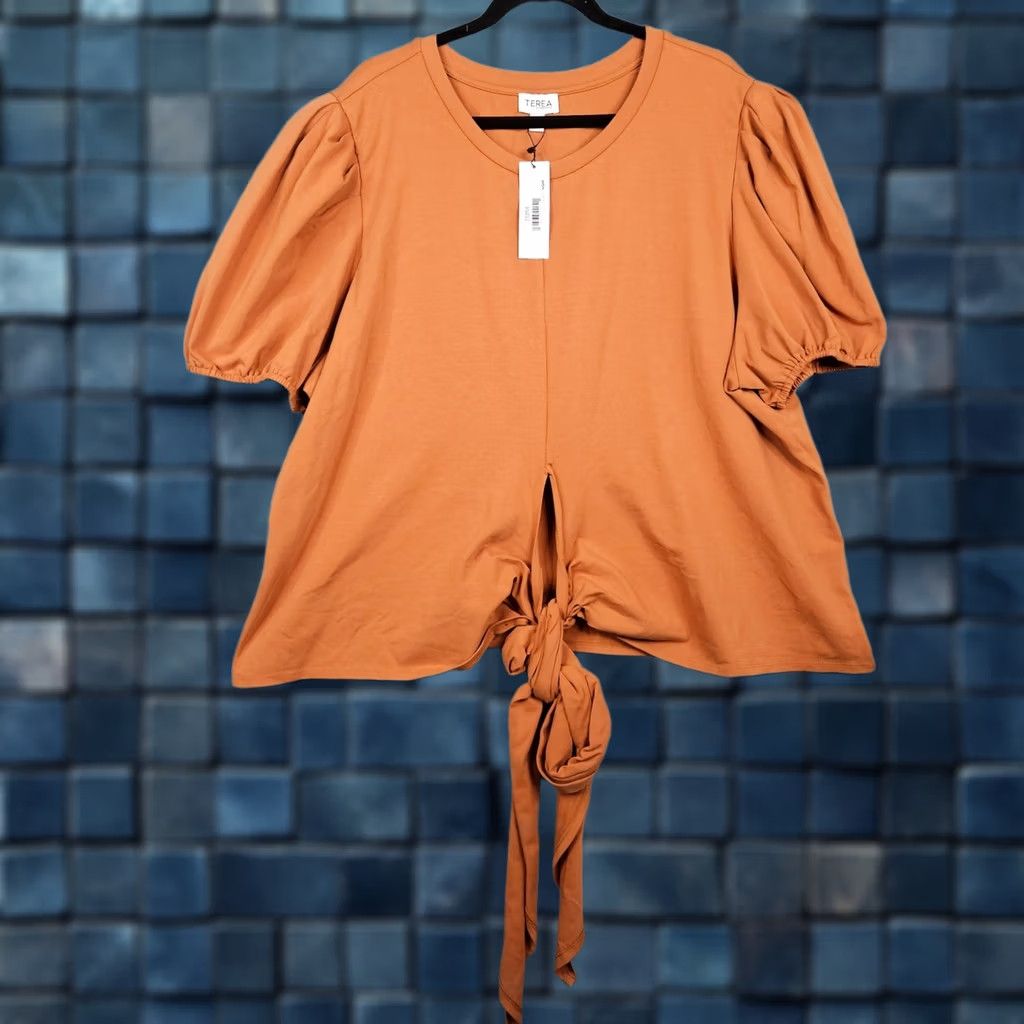 Vintage TEREA BY ANDREA PITTER Women’s Orange Puffy Sleeve Tie Front Top Sz 4X NEW Blouse Shirt Regular Short Sleeve Cotton Blend Elastane Size XXL / US 16-18 / IT 52-54 - 1 Thumbnail