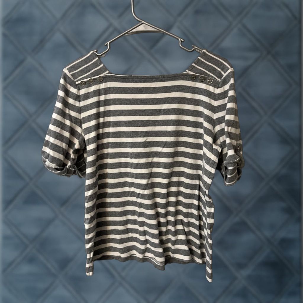 Croft & Barrow VINTAGE Croft & Barrow Women Blouse Striped Short Sleeve Boat Neck Gray L Shirt Size 36" / US 14 / IT 50 - 1 Thumbnail