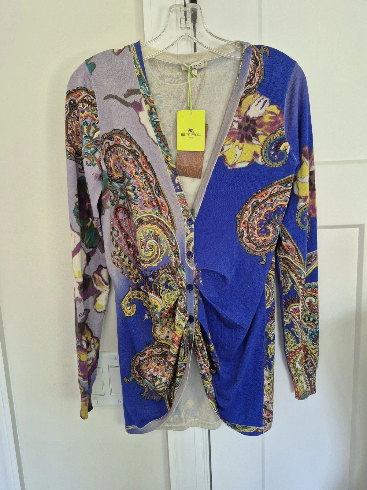 Etro Cardigan Blue Paisley Silk Ruched Long Sleeve Colorful Gift Size S / US 4 / IT 40 - 4 Thumbnail