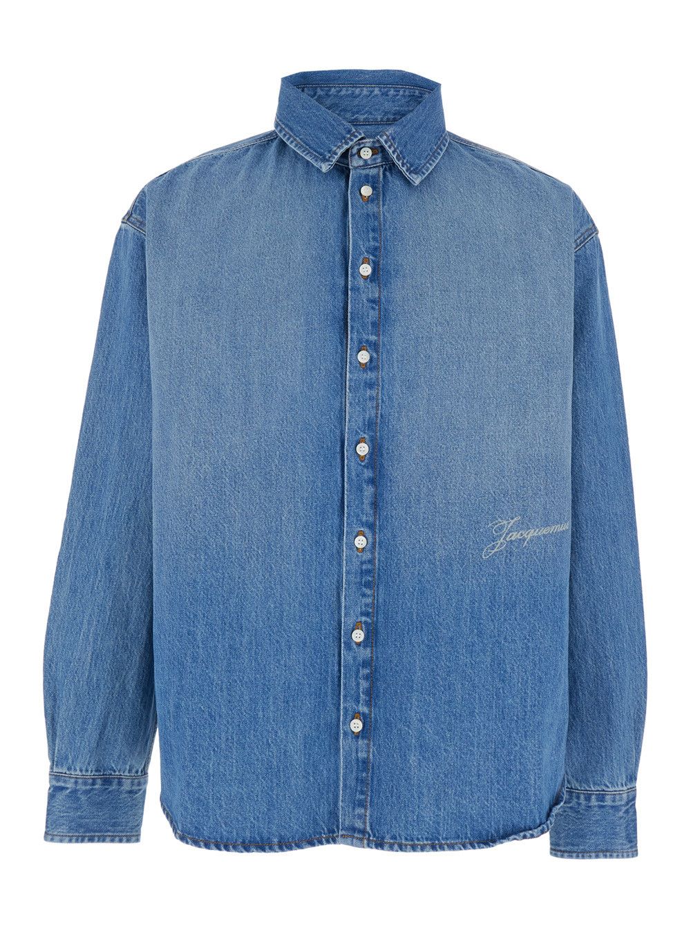 Jacquemus 'Simon' Light Blue Shirt with Classic Collar and Logo Lettering Embroidery on the Front in Denim for Men Size US L / EU 52-54 / 3 - 1 Thumbnail