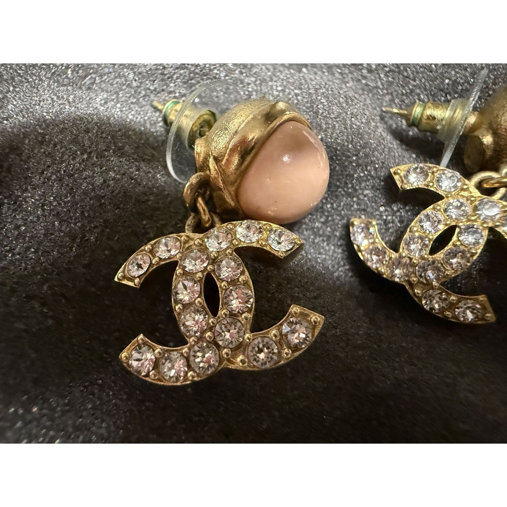 Chanel Chanel Gold Crystal CC Logo Drop Earrings With Pink Enamel & Size ONE SIZE - 4 Thumbnail