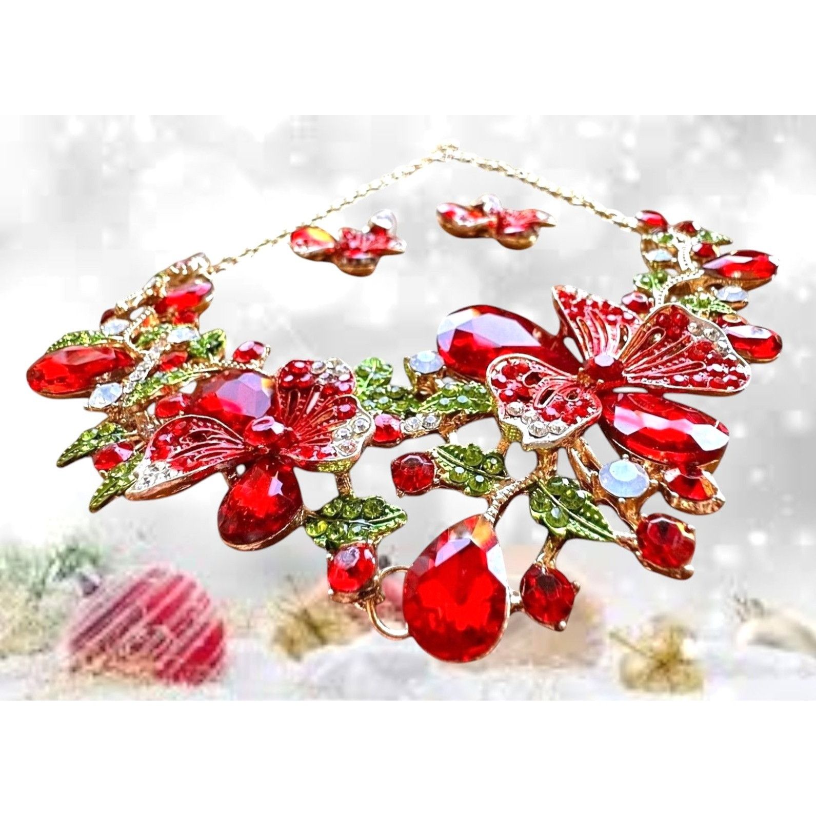 Handmade Red Floral Crystal Necklace Earrings Set New Christmas Jewel Size ONE SIZE - 4 Thumbnail