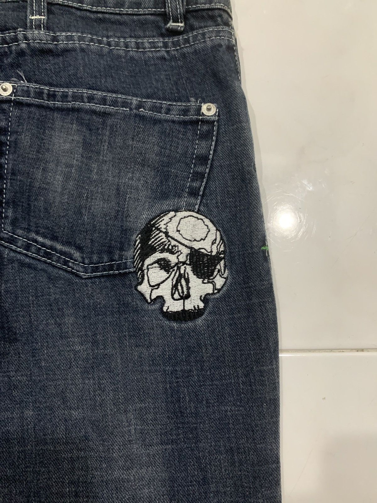 Japanese Brand Vintage Buddhist Punk Skull All Over Print Flared Jeans Size US 27 - 9 Thumbnail