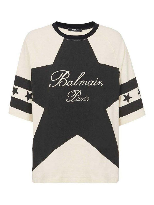 Balmain o1s1wg110825 T-Shirt With Stars in Beige/Black Size XL / US 12-14 / IT 48-50 - 1 Thumbnail