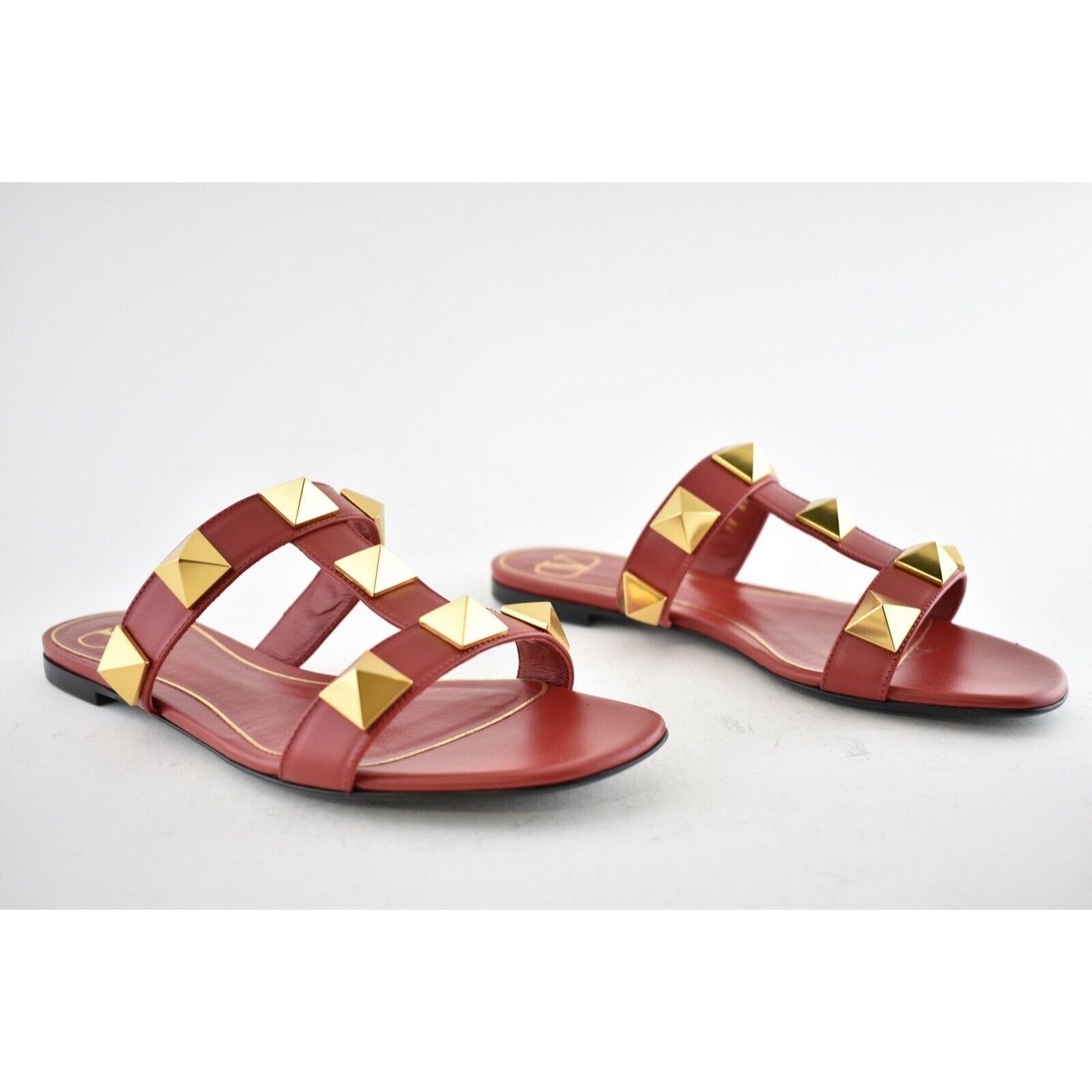 Valentino Valentino Rockstud Roman Stud Gold Red Leather Slide Slip On Size US 7 / IT 37 - 4 Thumbnail