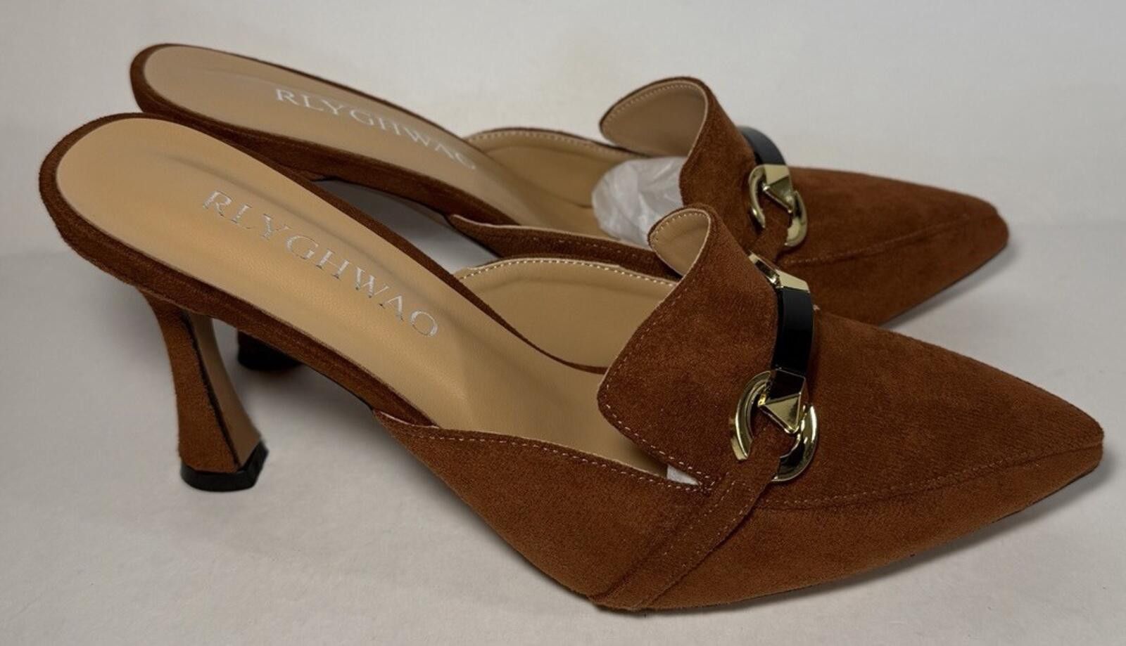 Other RLYGHWAO Pointed Closed Toe High Heel Mules Brown Suede Size US 8.5 / IT 38.5 - 3 Thumbnail