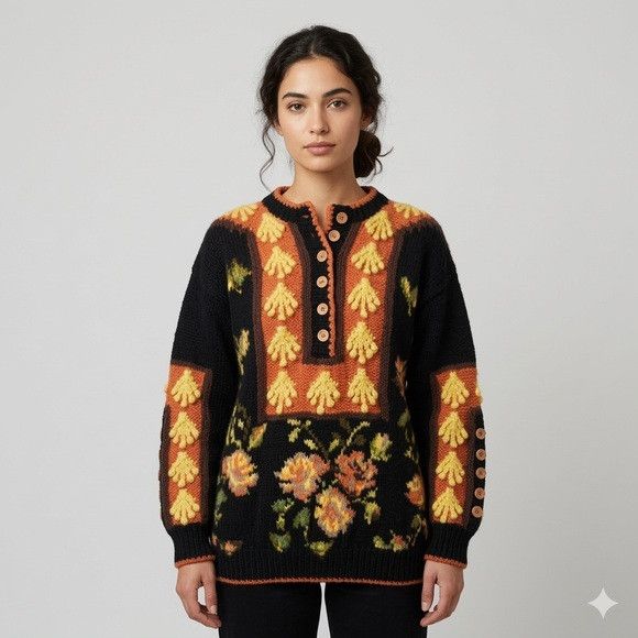 Vintage Vintage Handmade 3D Flowers Half Button Sweater - S / M Size S / US 4 / IT 40 - 1 Thumbnail