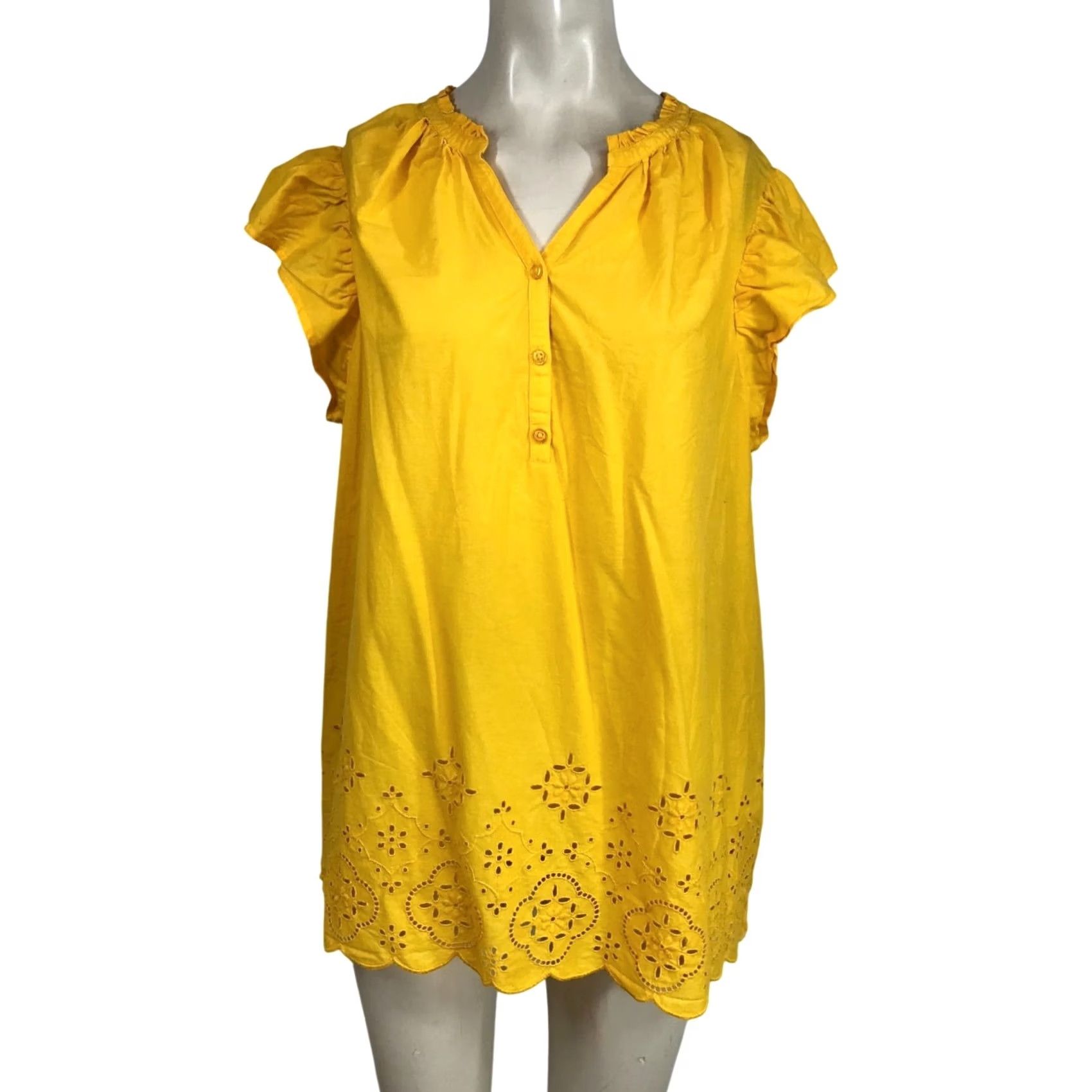 Vintage LANE BRYANT Yellow 100% Cotton V Neck Short Cap Sleeves Top Blouse Womens 14/16 Size XL / US 12-14 / IT 48-50 - 2 Thumbnail
