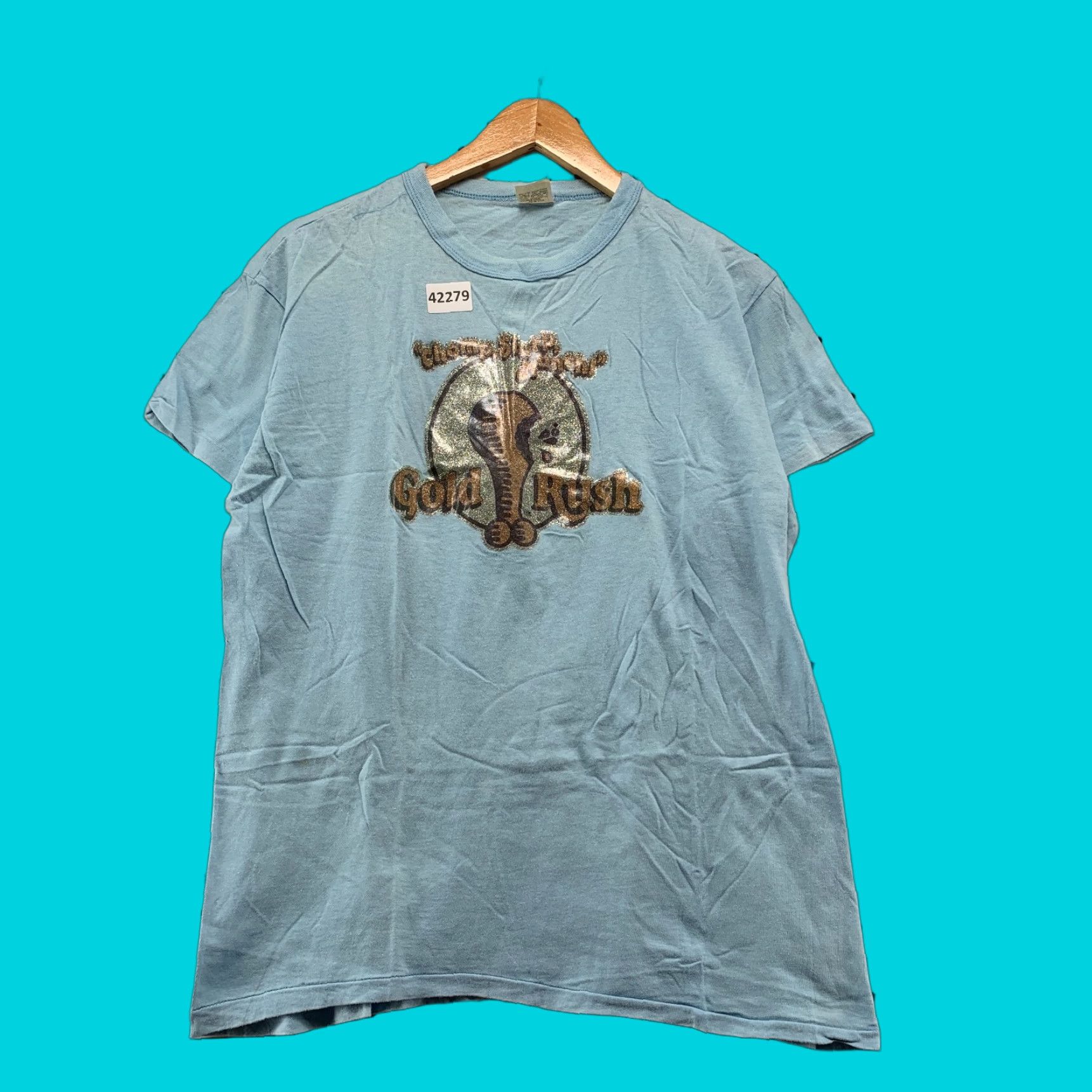 Vintage VTG Gold Rush Shirt Mens Large Blue Cotton 70s Vintage T-Shirt Crew Neck Short Sleeve Made USA 20x26 Mens Size US L / EU 52-54 / 3 - 1 Thumbnail