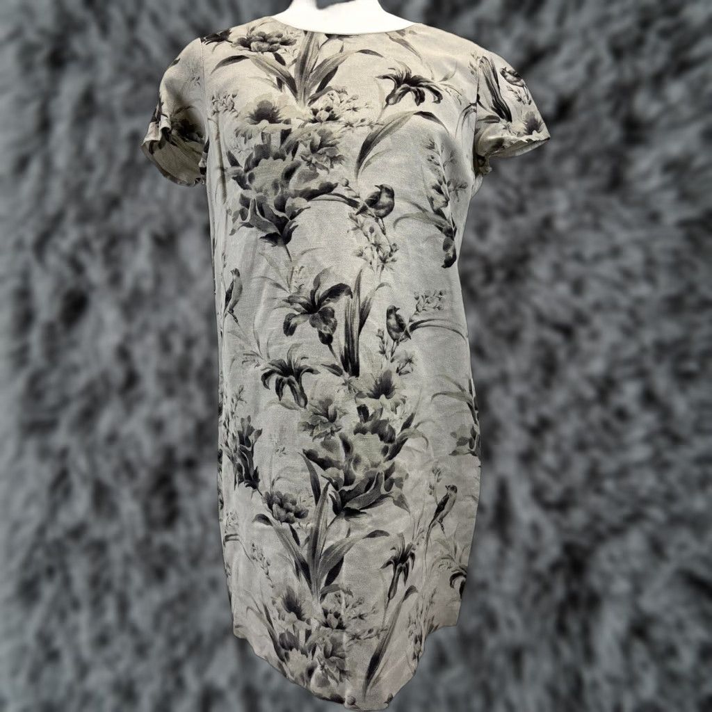 Loft Ann Taylor LOFT Linen Blend Dress - 6P Petite - Gray/Black Birds Floral Print - Knee Length Sheath - Womens Size M / US 6-8 / IT 42-44 - 1 Thumbnail