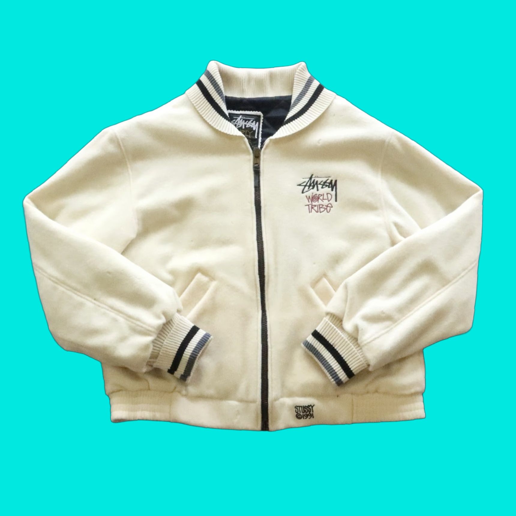 Vintage VINTAGE Stussy Burly Gear World Tribe Wool Varsity Jacket M Beige Men Jacket M USA Size US M / EU 48-50 / 2 - 1 Thumbnail