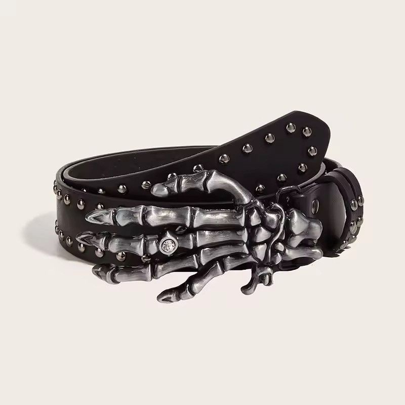 Japanese Brand Y2K Grunge Punk Rock Black Studded Belt Skaleton Buckle Size ONE SIZE - 1 Thumbnail