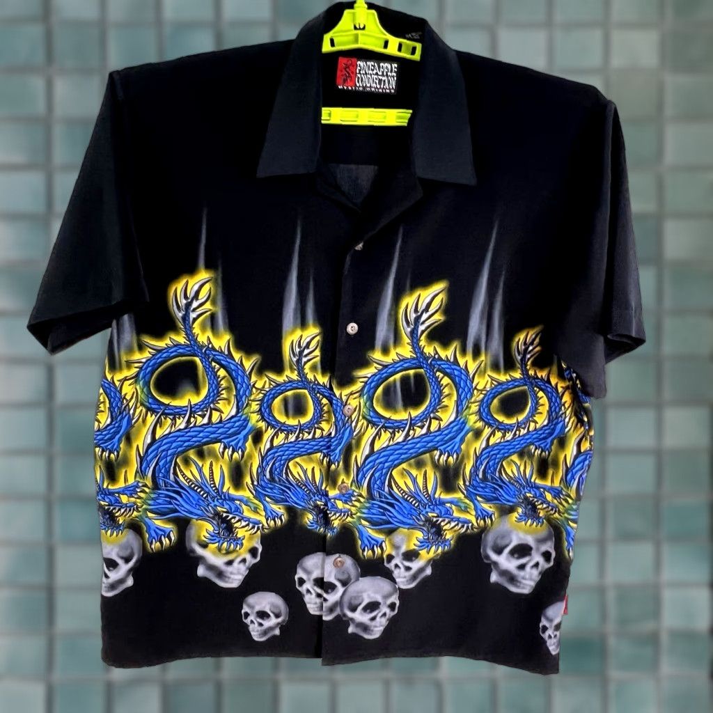 Vintage Pineapple Connection AOP Dragons Skulls Button-Up Shirt Mens M Black Shirt Button-Up Short Sleeve Graphic Print Vintage No Size US M / EU 48-50 / 2 - 1 Thumbnail