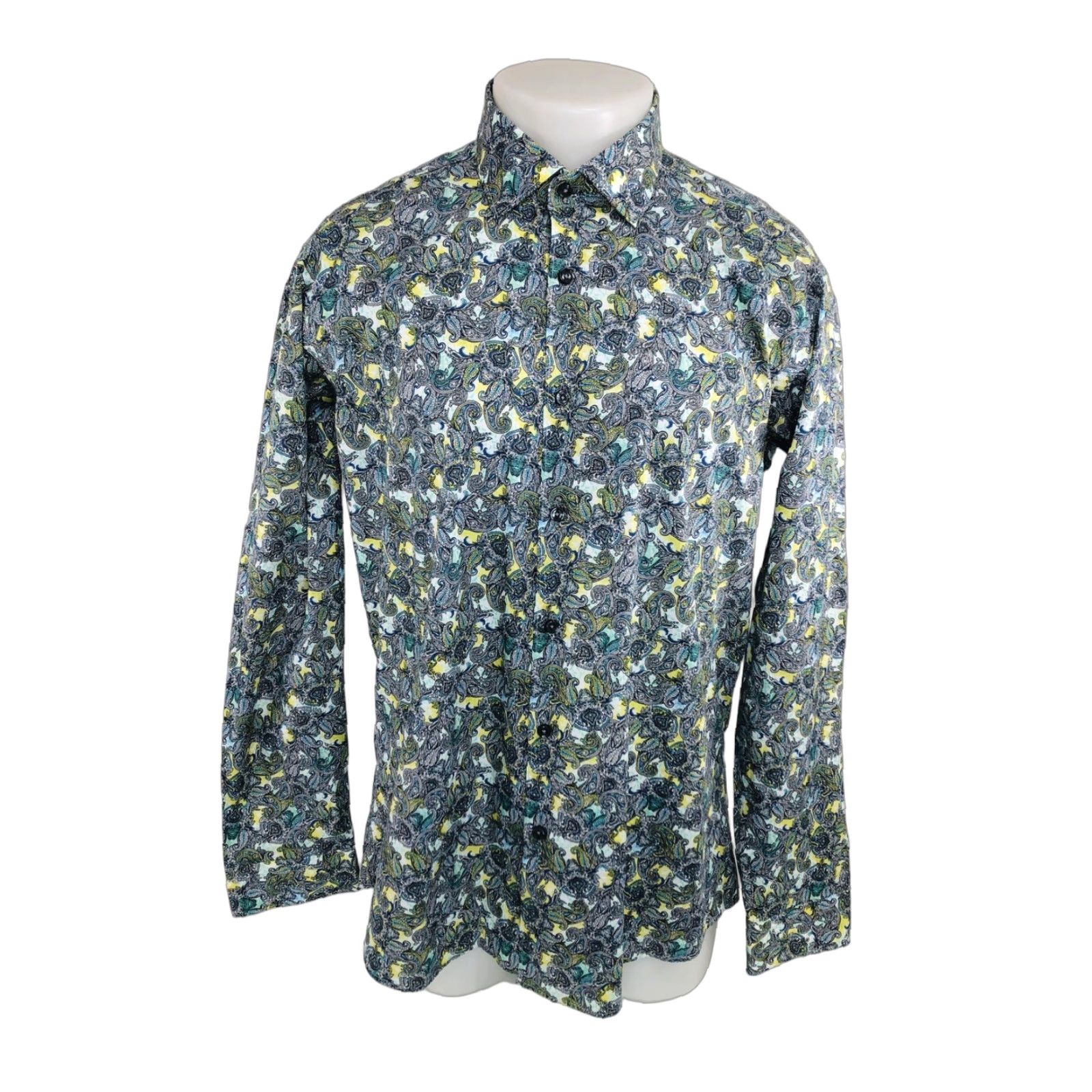 Jared Lang JARED LANG Paisley Mens XL Shirt - Button-Up - Long Sleeve - Green / Yellow / White / Black / Blue - B1 Size US XL / EU 56 / 4 - 1 Thumbnail