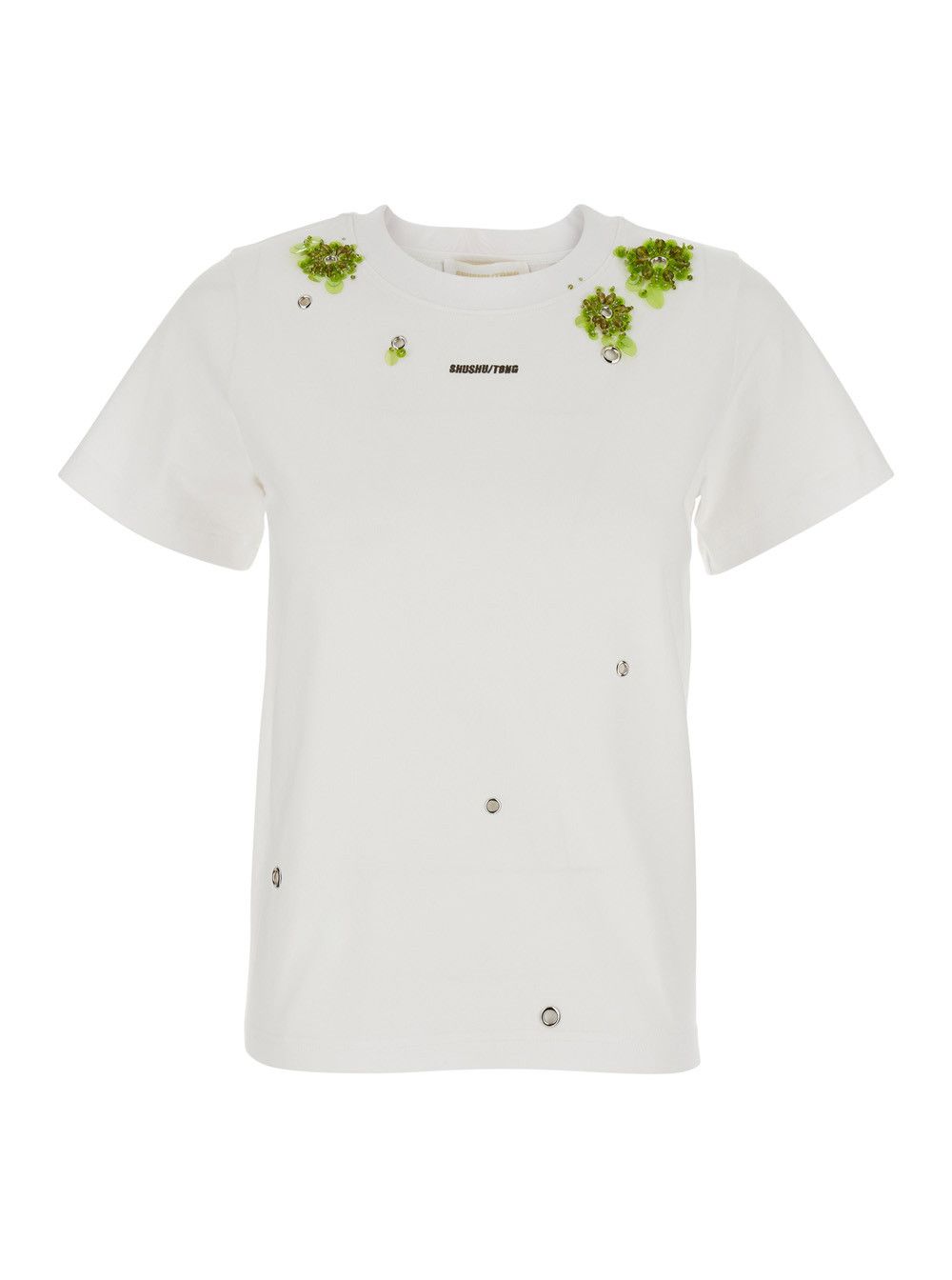 Shushu/Tong White T-Shirt "Grommet Embroidered Floral Tee" with floral embroidery on the front - Cotton - Women Size S / US 4 / IT 40 - 1 Thumbnail