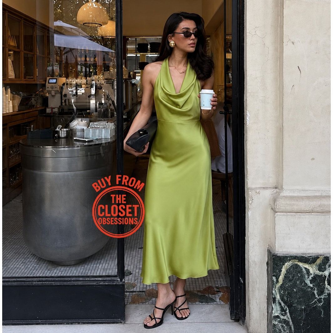 mango green satin dress MANGO Open Back Midi NWT Wedding Guest Green maxi dress