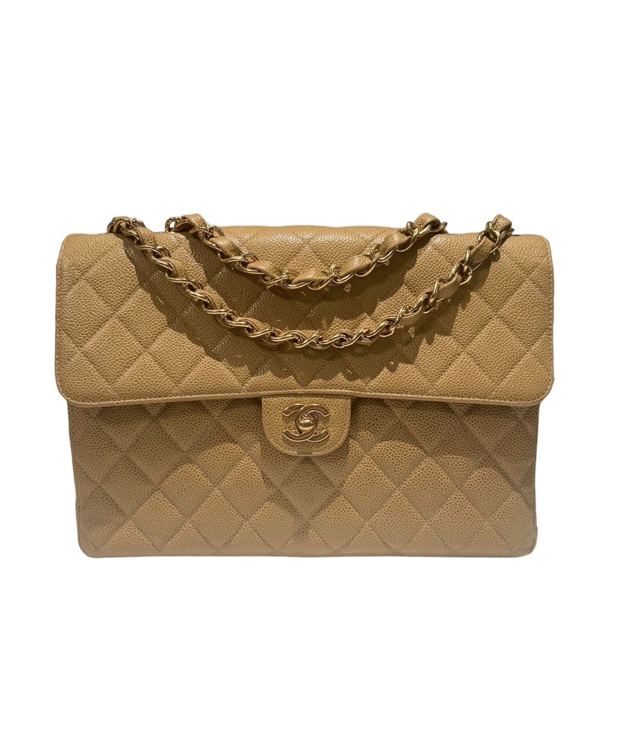 image of Chanel Beige Caviar Jumbo Classic Single Flap, Women's
