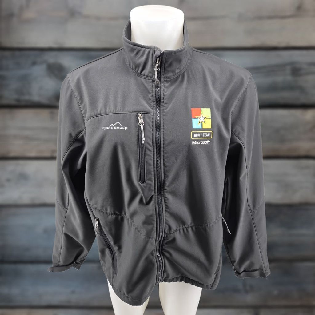 Eddie Bauer Eddie Bauer Soft Shell Jacket Mens XL Gray Army Team Windbreaker, Casual, Travel, Hiking, Walking, Regular, Polyester, Zip, Fleece, Army Theme Size US XL / EU 56 / 4 - 1 Thumbnail