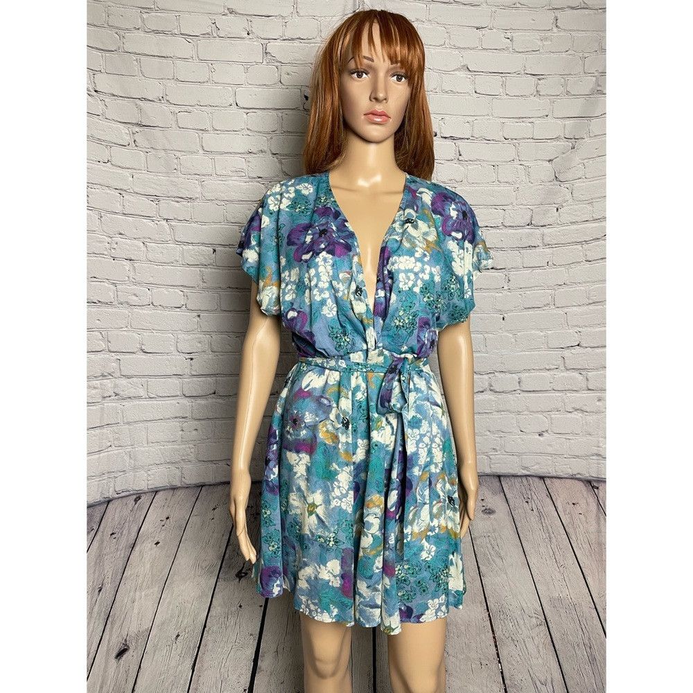 New Free People Freddy Tie Waist Mini Blue Floral Dress Siz