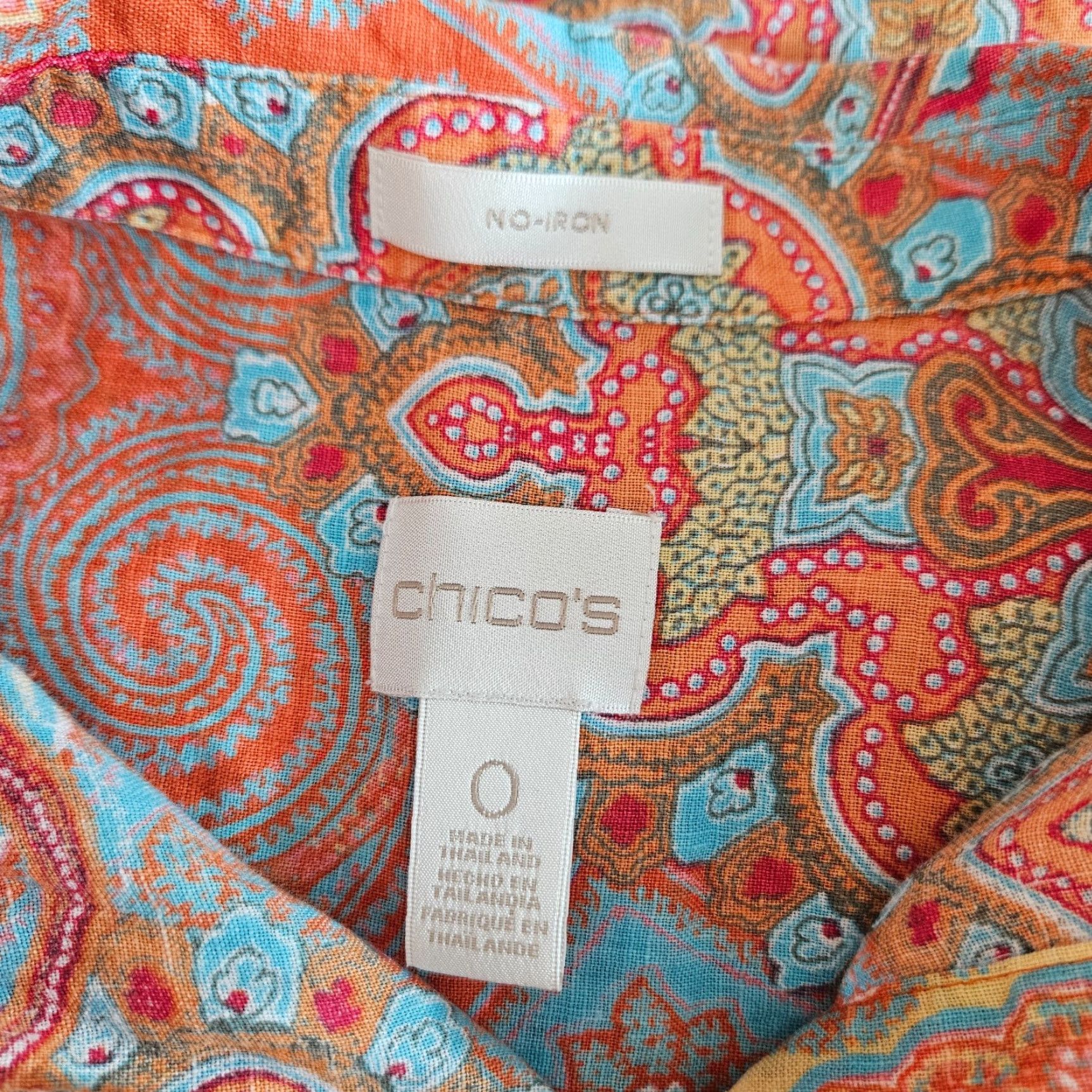 Vintage Chico's Womens Button-Up Linen Top Sz Small Orange Blue Paisley Shirt Adult Womens 3/4 Sleeve No Iron Button Up Collared Basic Spring Summer Size S / US 4 / IT 40 - 5 Thumbnail
