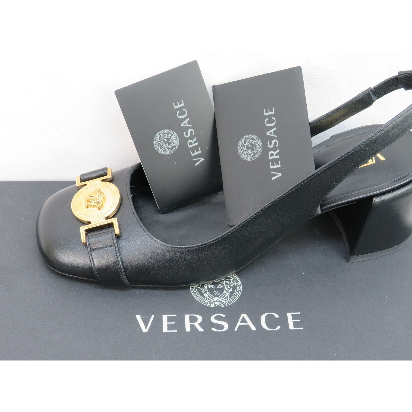 Versace VERSACE BLACK LEATHER GOLD MEDUSA SANDALS LOW HEEL PUMPS 40 Size US 10 / IT 40 - 11 Thumbnail