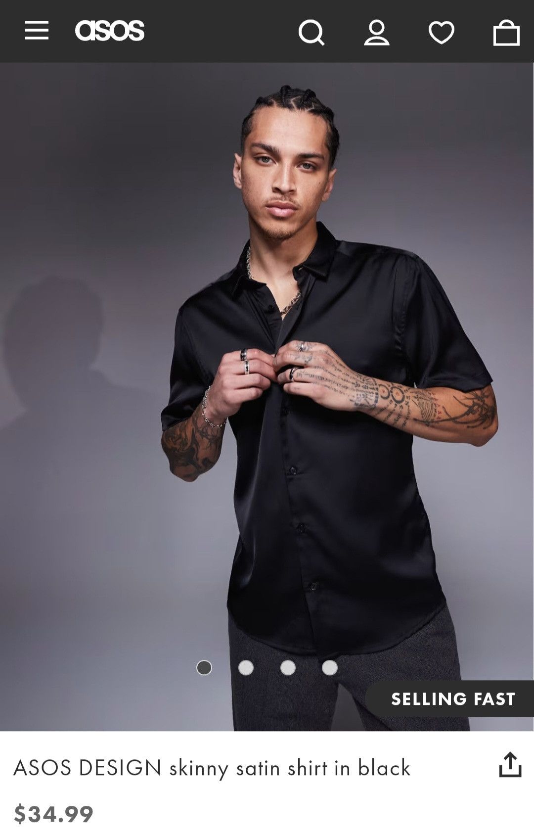 Asos Men's black skinny satin like button down (2XL) Size US XXL / EU 58 / 5 - 4 Thumbnail
