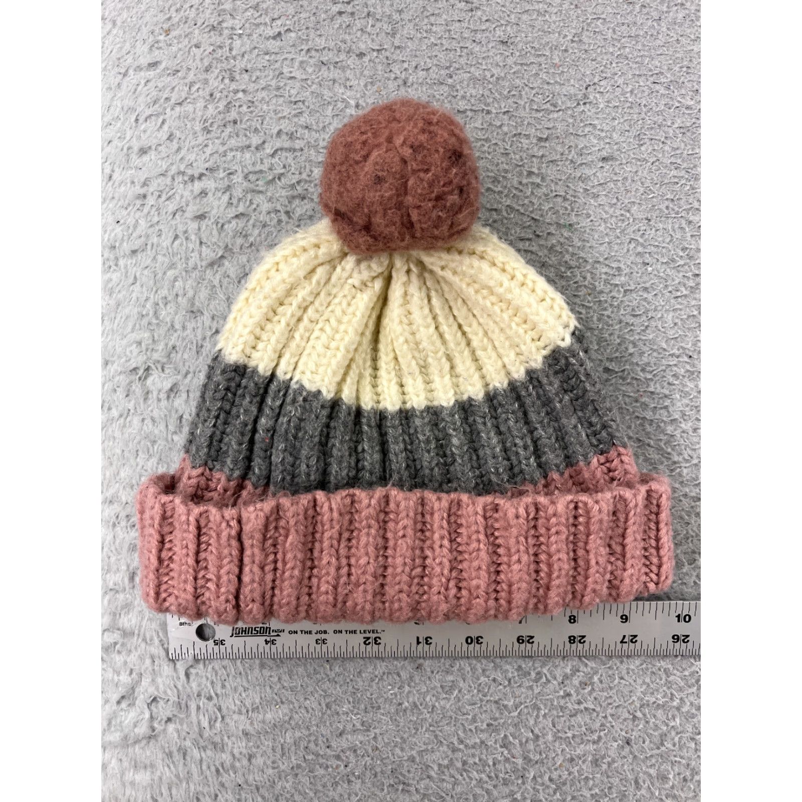 Pinko Unbranded Beanie Toque Womens One Size Pink Gray Ivory Knit 100% Acrylic Faux Fur Pom Size ONE SIZE - 3 Thumbnail