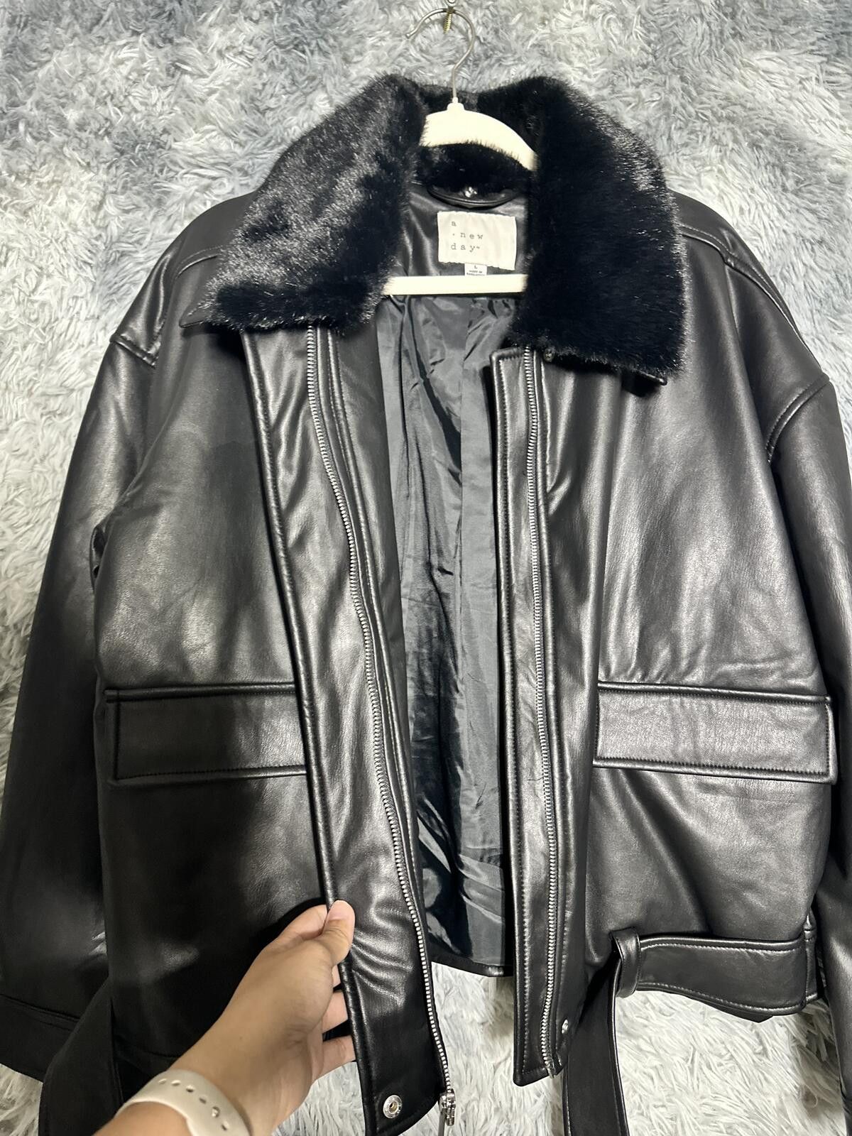 Other wild fable Black Faux Leather Jacket with Faux Fur Collar Size L / US 10 / IT 46 - 4 Thumbnail