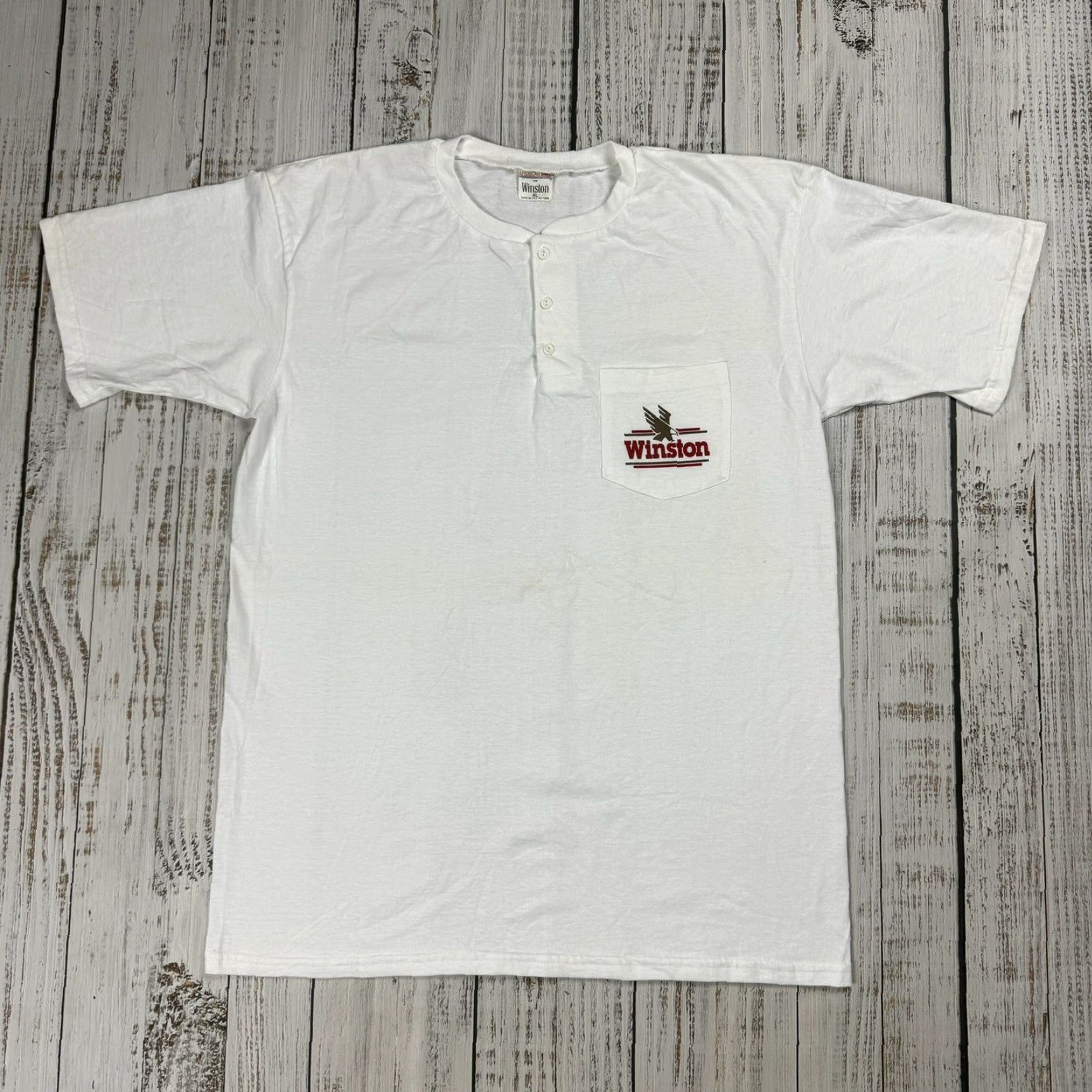 Vintage VINTAGE WINSTON CIGARETTES 90s HENLEY T-SHIRT XL WHITE POCKET USA MADE MENS Size US XL / EU 56 / 4 - 2 Thumbnail