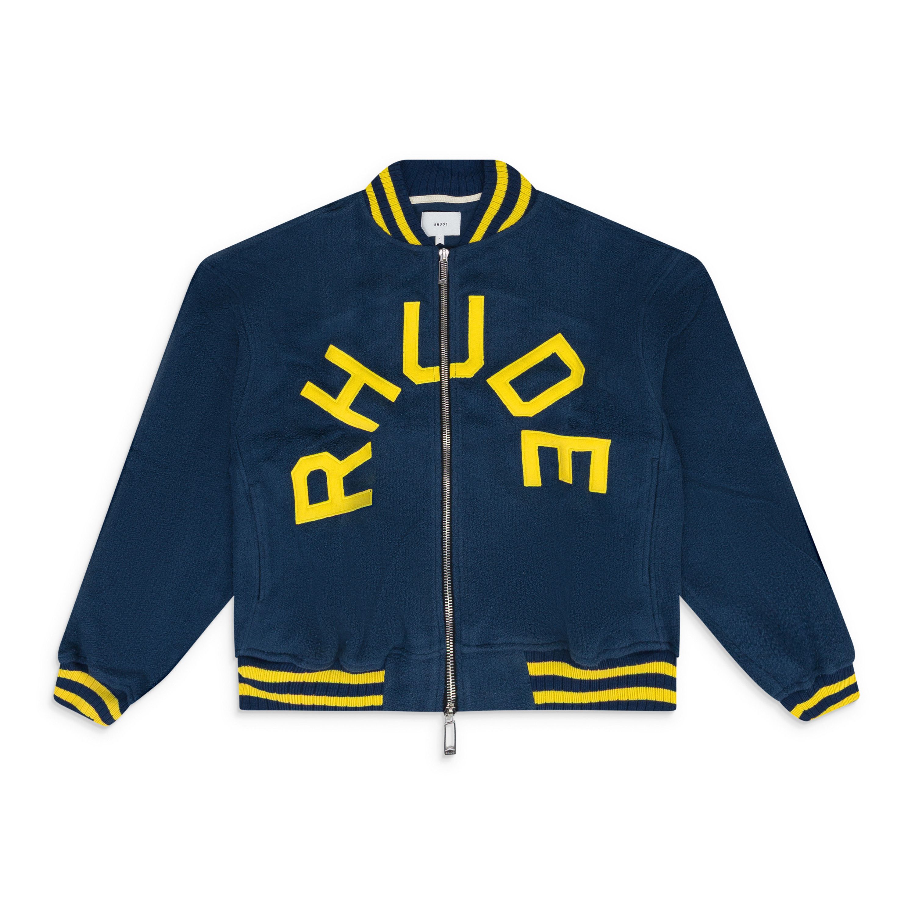 Rhude NAVY OVERSIZED LOGO TERRY VARSITY JACKET SIZE M