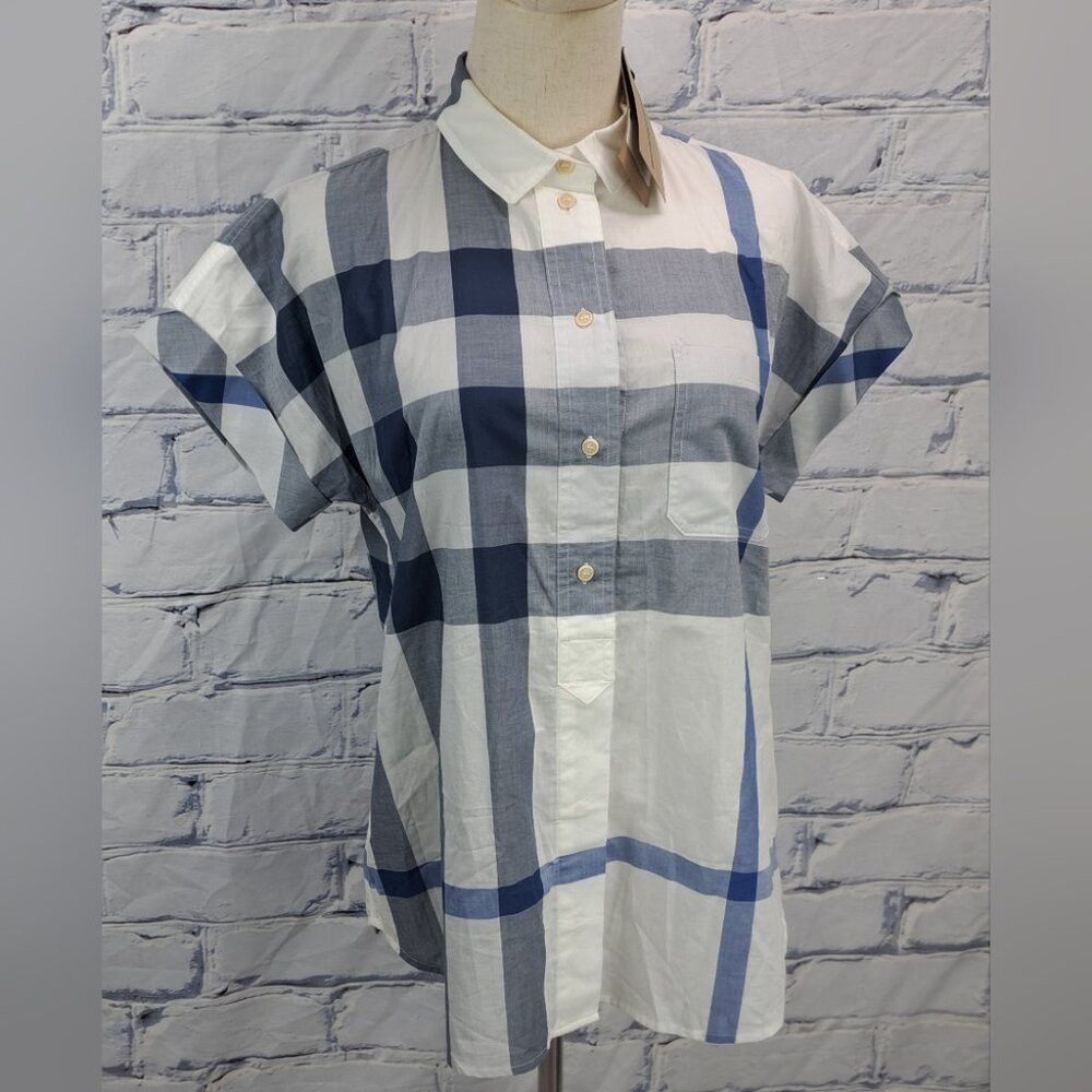 Burberry NWT Burberry Womens Button Down Shirt White Blue Check Shor Size S / US 4 / IT 40 - 1 Thumbnail